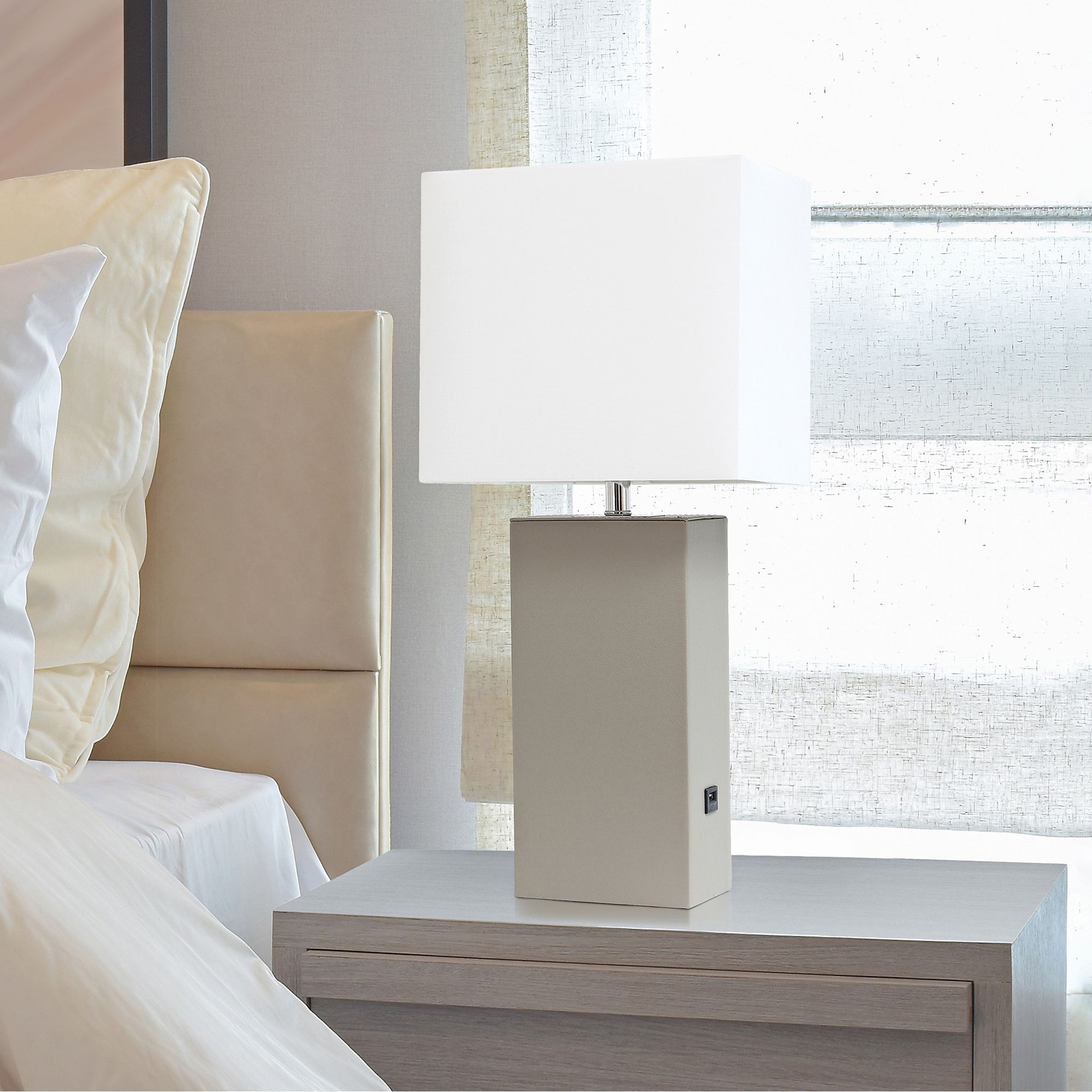 Elegant Designs Gray Leather Accent Table Lamp with USB Port