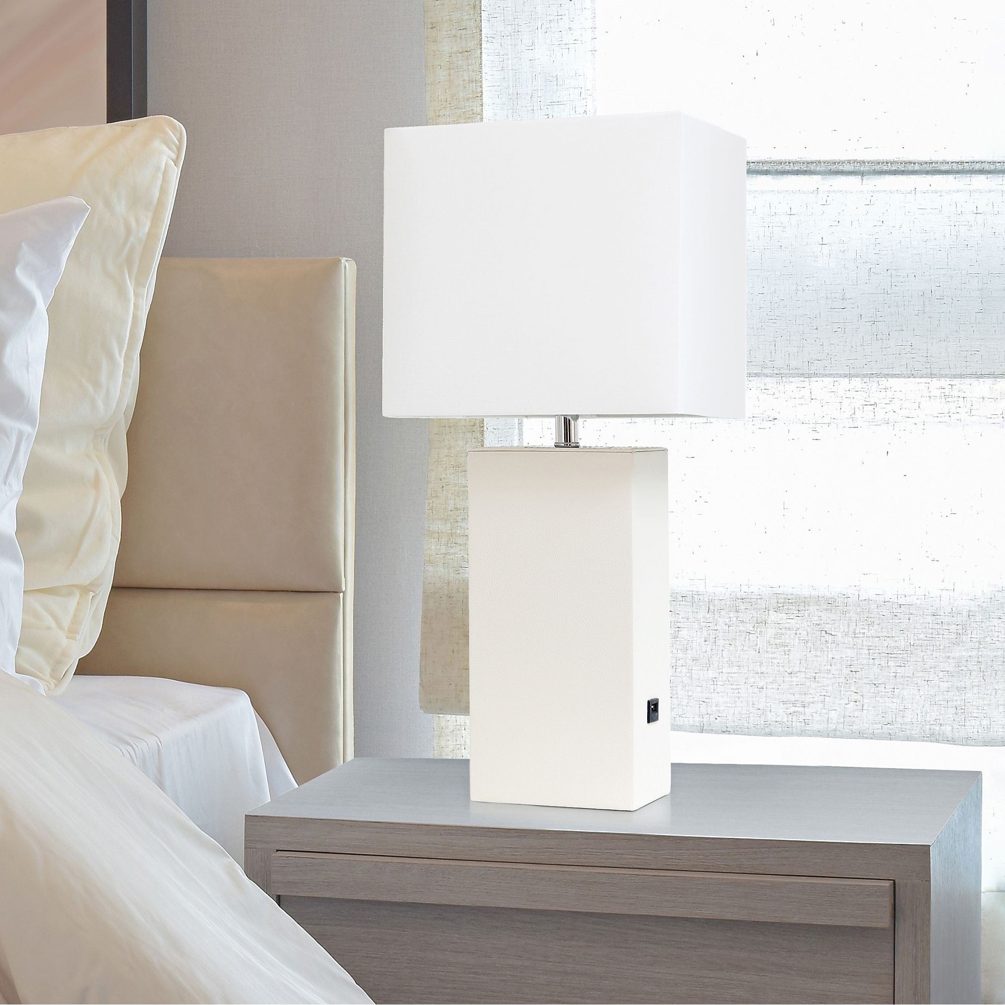 Elegant Designs White Leather Accent Table Lamp with USB Port