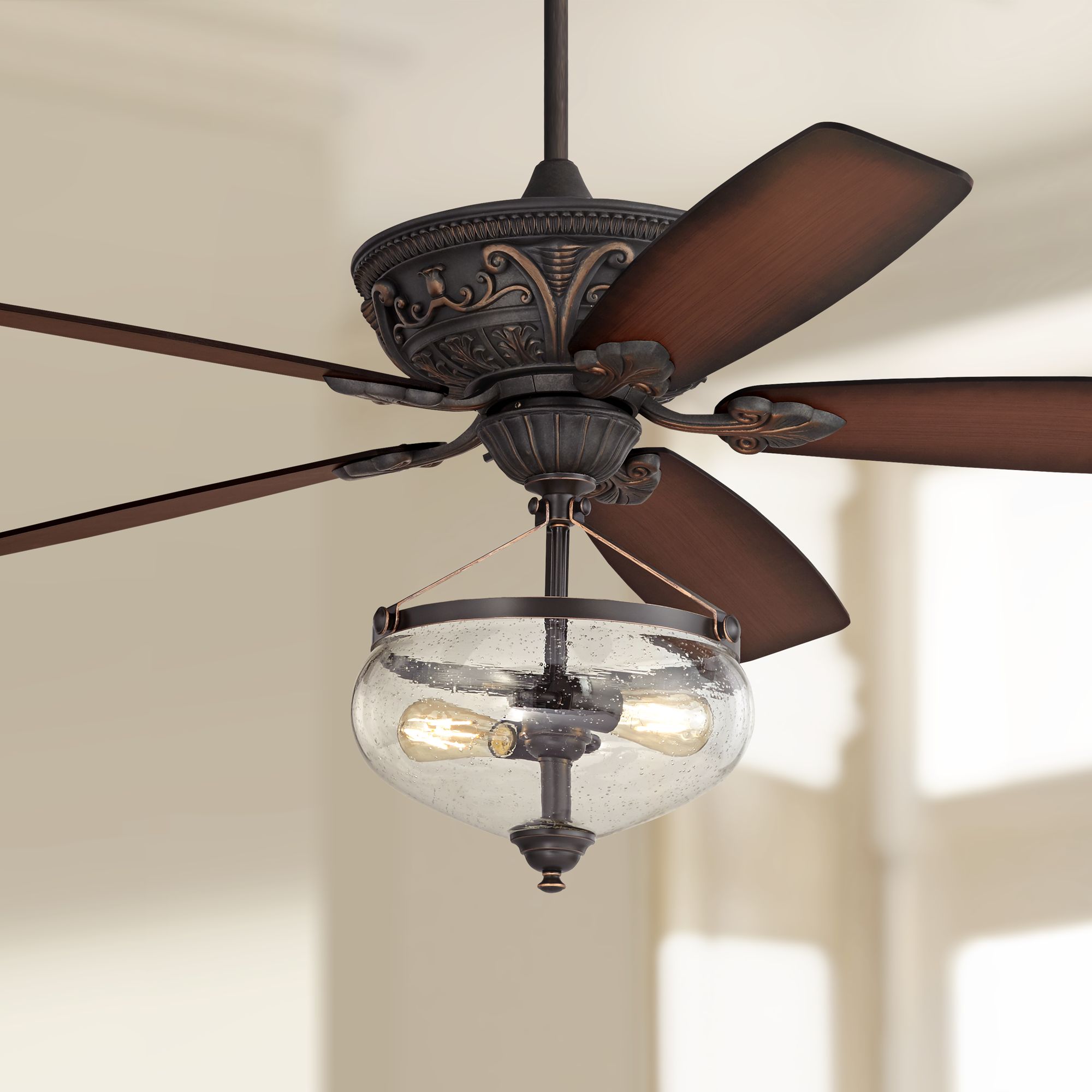 60" Casa Montego Shaded Teak and LED Seedy Glass Ceiling Fan