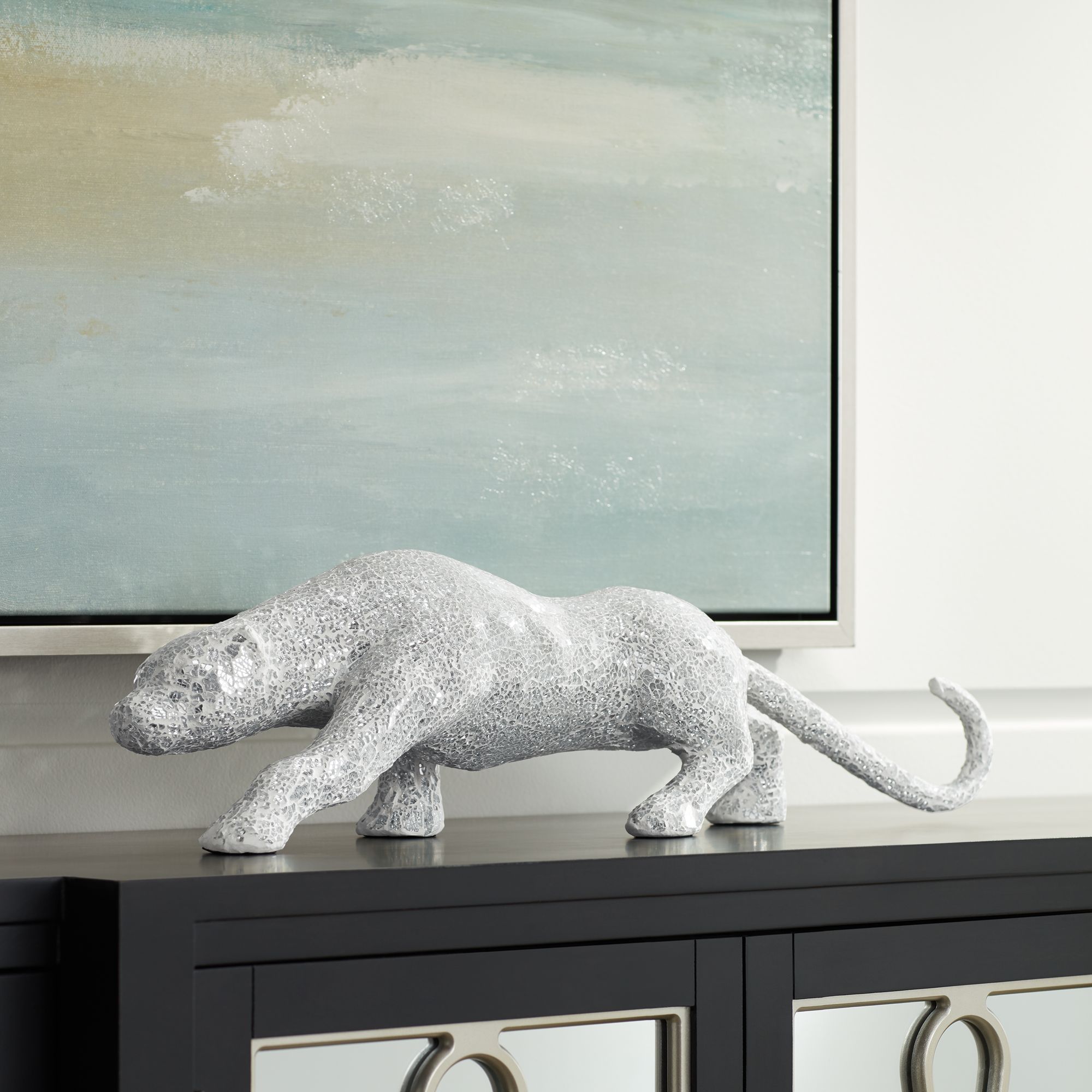 Glass Mosaic and Silver 29 1/4" Wide Panther Sculpture