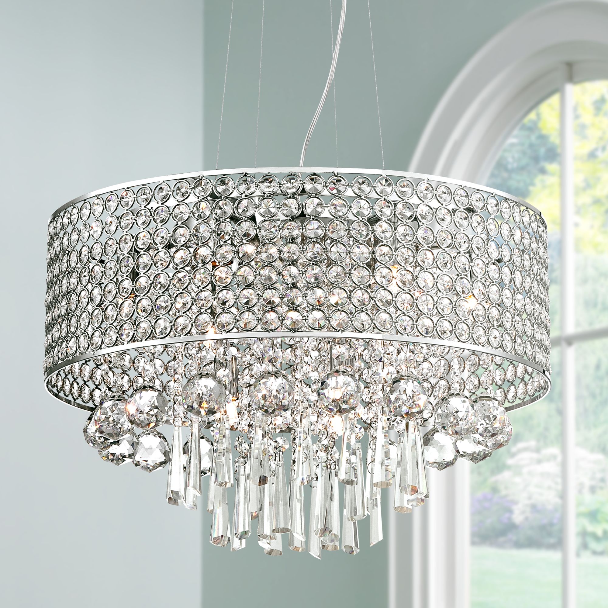 Elva Chrome 19" Wide Beaded Crystal Pendant Light