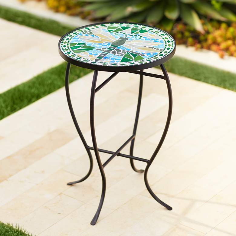 Dragonfly Mosaic Black Iron Outdoor Accent Table - #6F094 | Lamps Plus