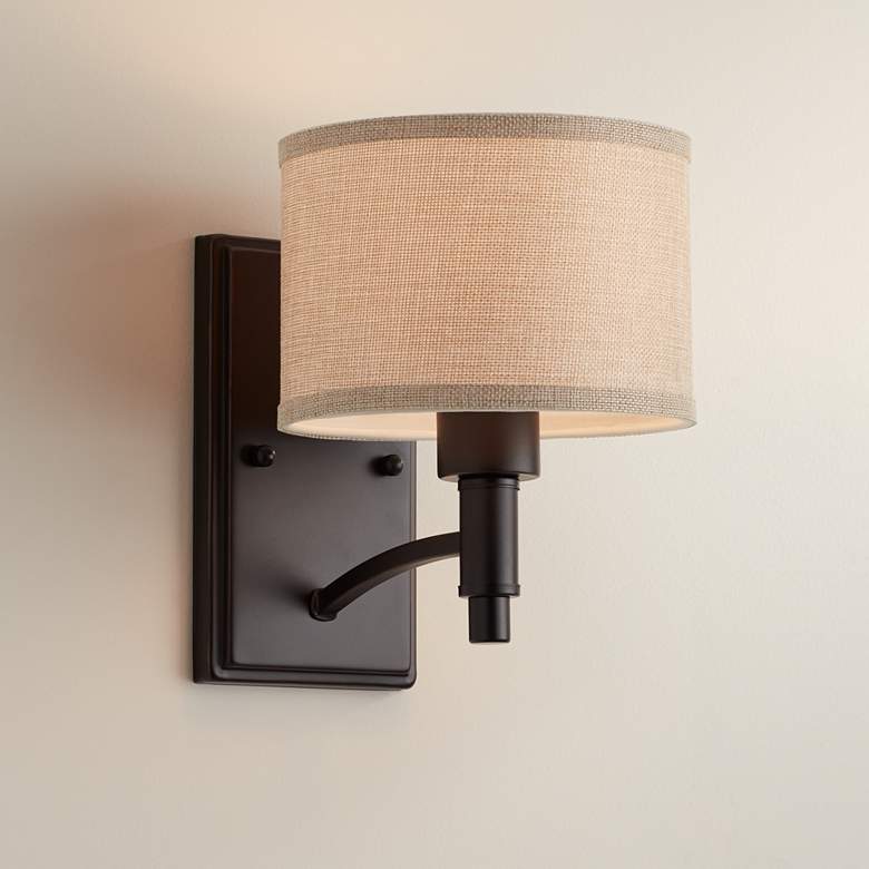 La Pointe 9&quot; High Oatmeal Linen Shade Wall Sconce