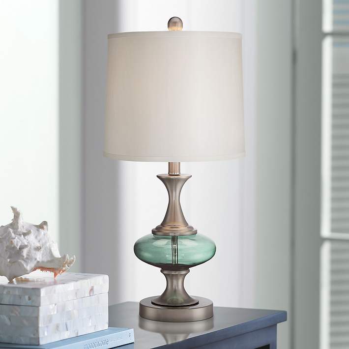 Reiner Brushed Nickel And Blue Green, Brushed Steel Glass Table Lamp