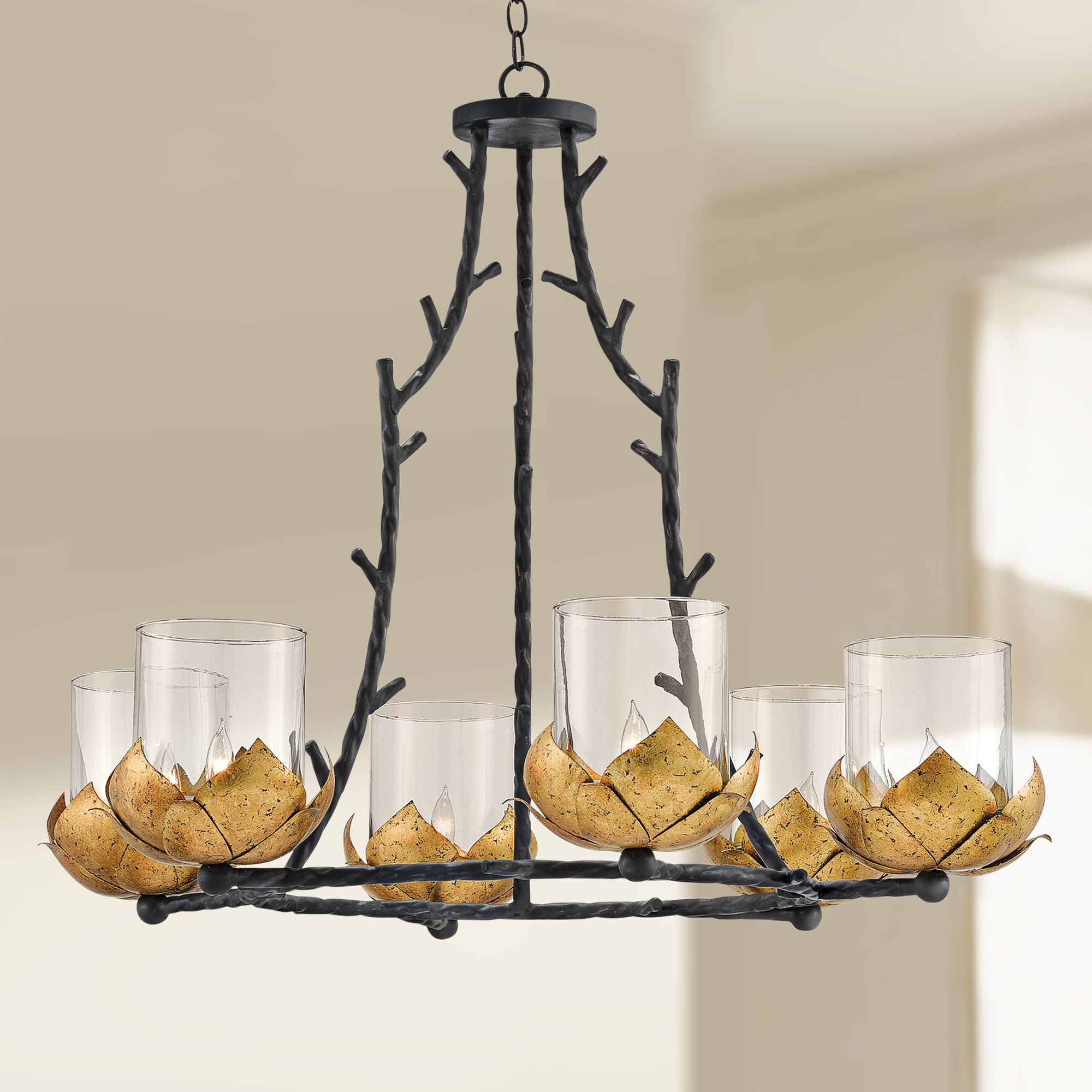 Water-Lily 37 1/2"W Gold Leaf and Black 6-Light Chandelier