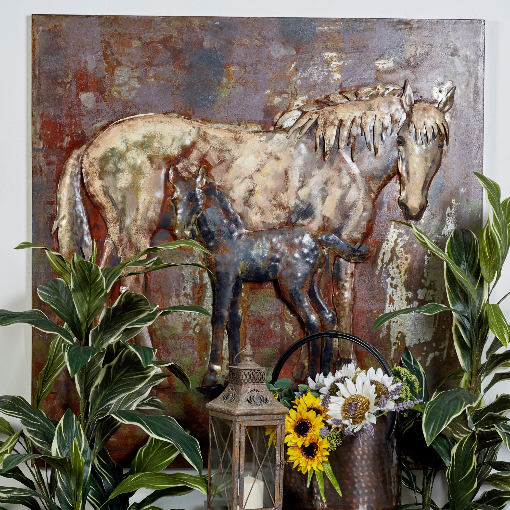 Mare and Foal 47" Square Textured Metal Wall Art