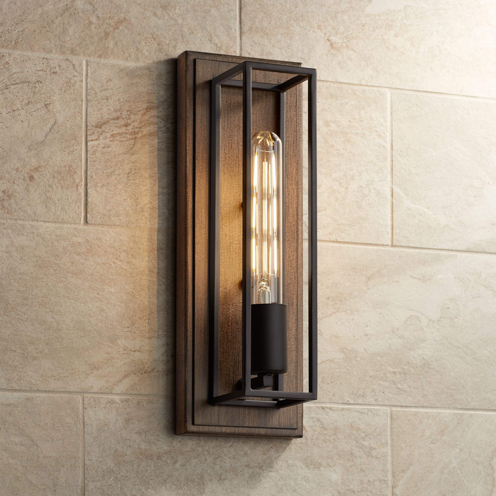 Possini Euro Faizah 13 1/2" High Wood Grain Box Wall Sconce