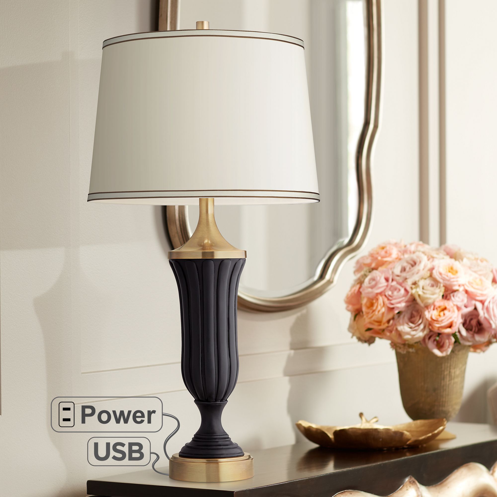 Majesty Black and Gold Urn Table Lamp with USB Port