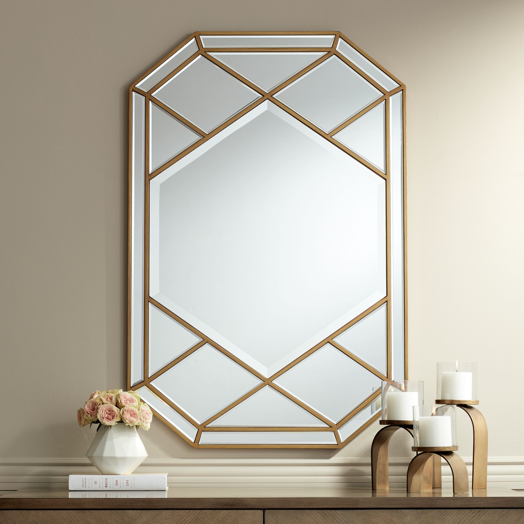 Fortuna 28" x 42" Gold Steel Geometric Wall Mirror