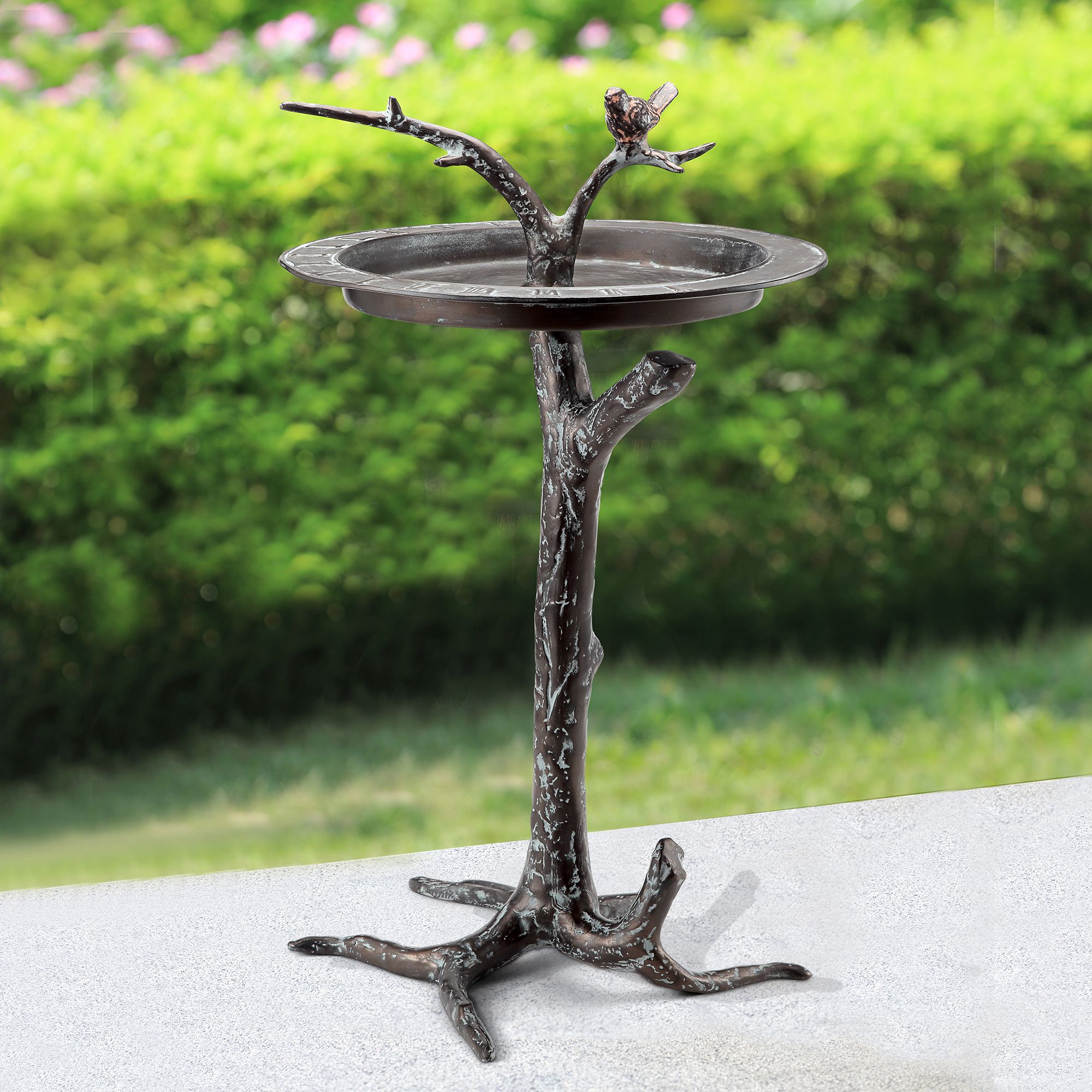 Bird and Twig 27" High Aluminum Outdoor Sundial Birdbath