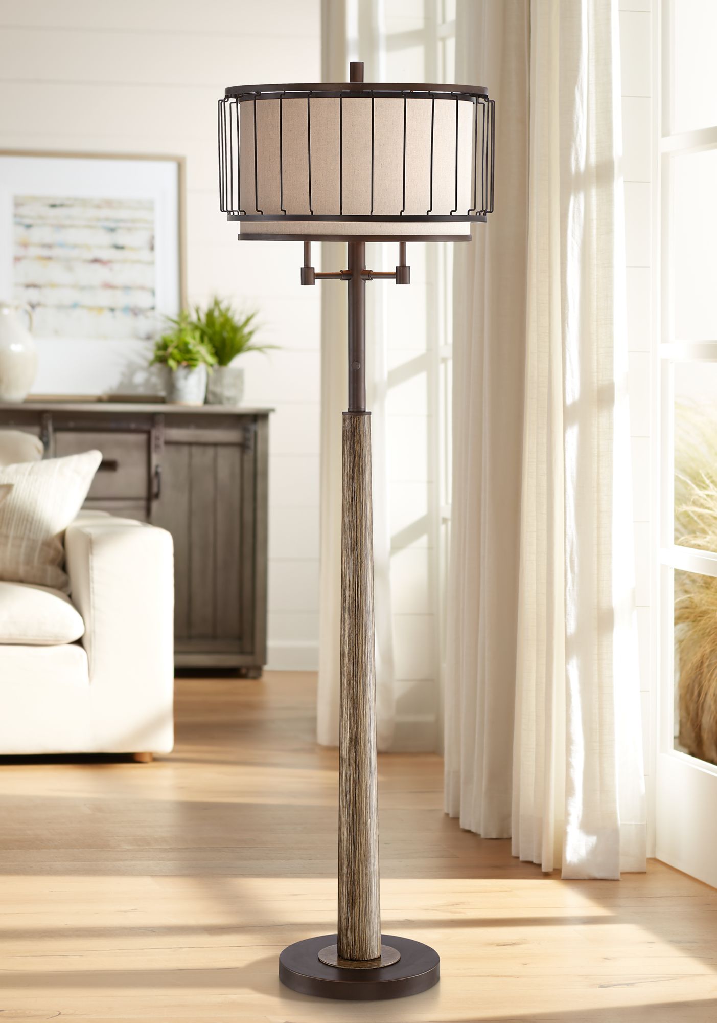 Terrence Bronze and Faux Wood Column Floor Lamp