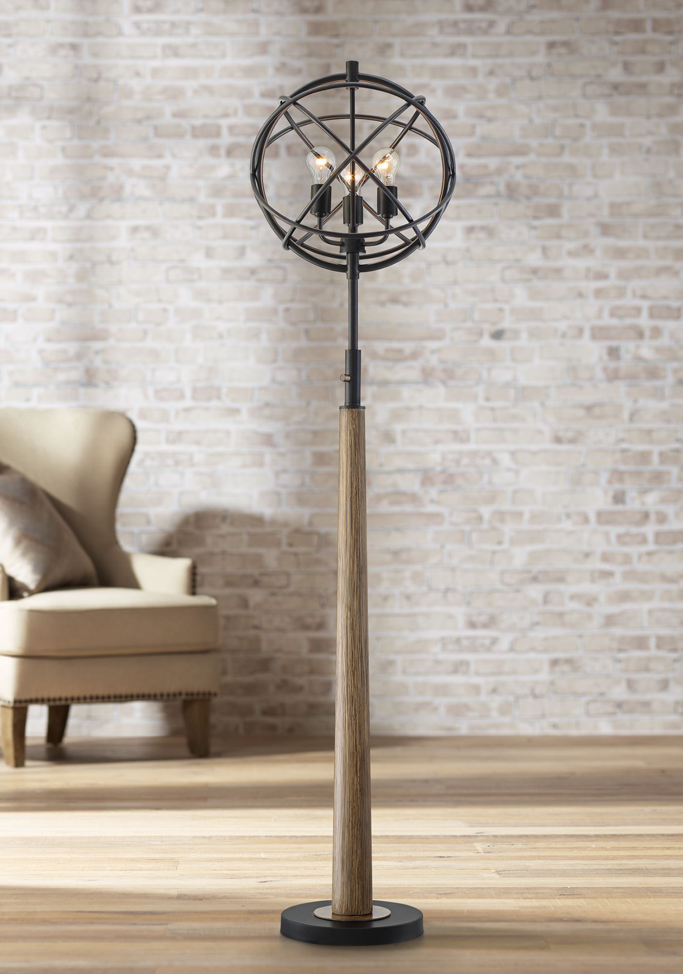 Newton Black and Wood Grain Industrial Floor Lamp