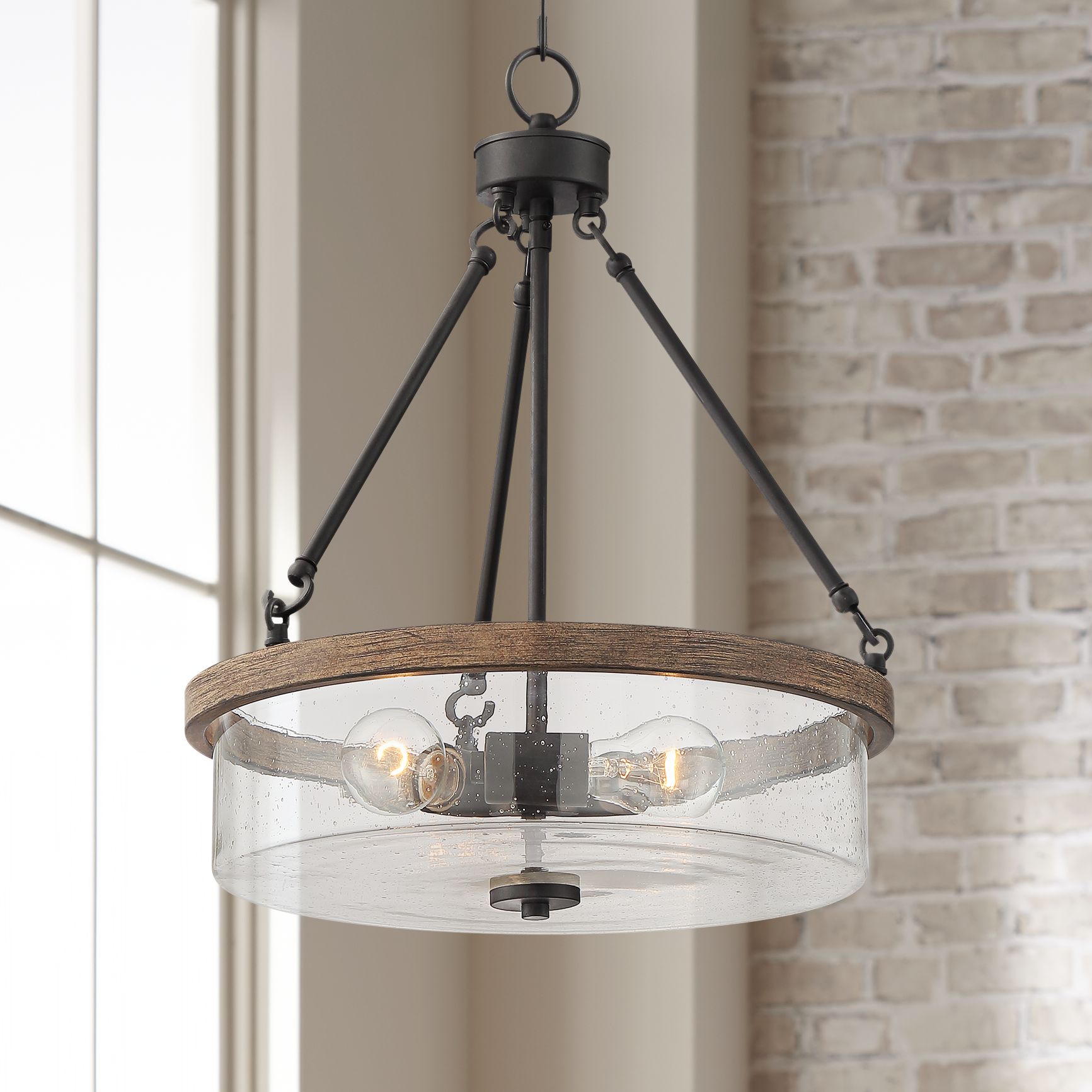 Tustin 16 1/4"W Bronze and Wood Grain 3-Light Drum Pendant