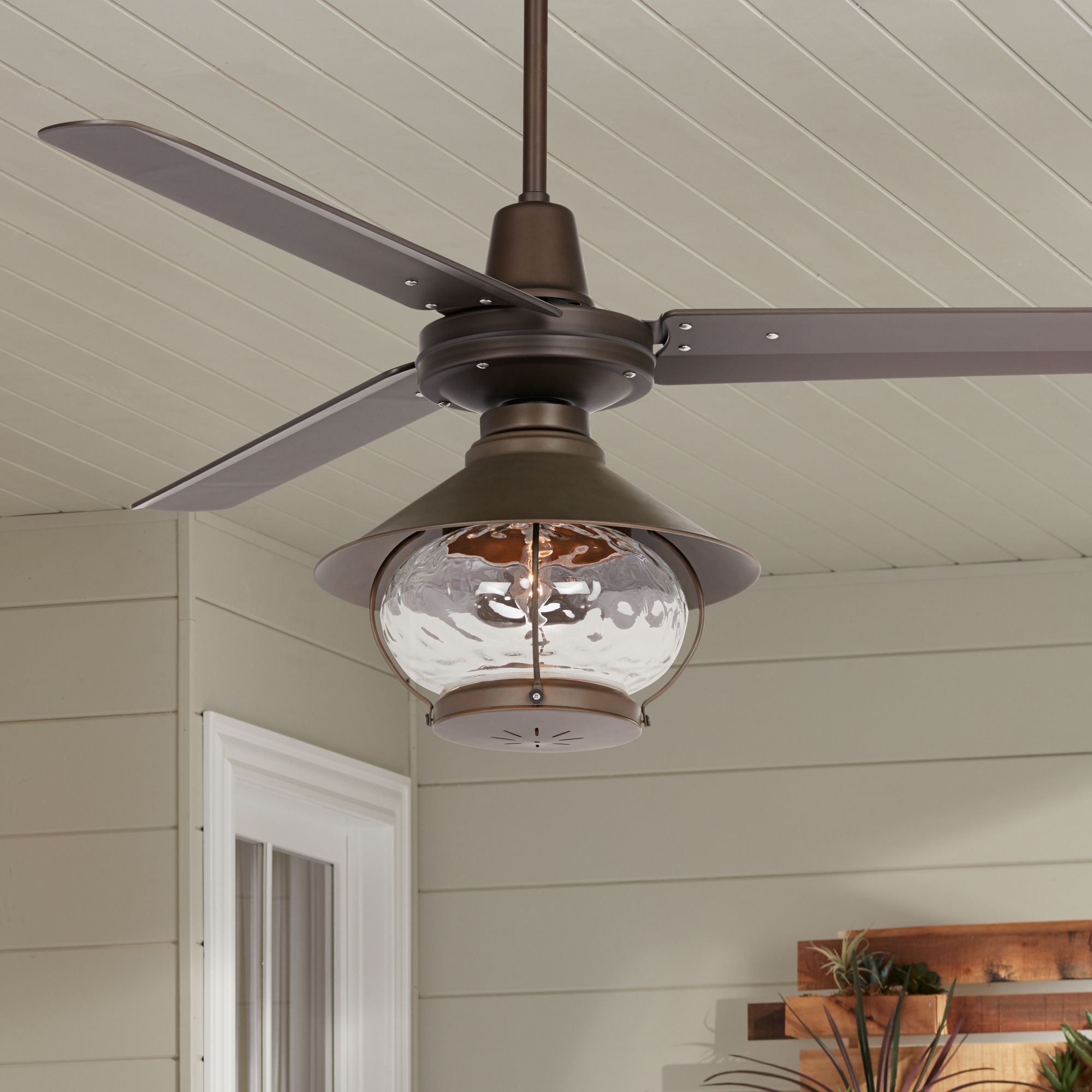 52" Plaza DC Tropical Lantern Bronze Damp LED Ceiling Fan