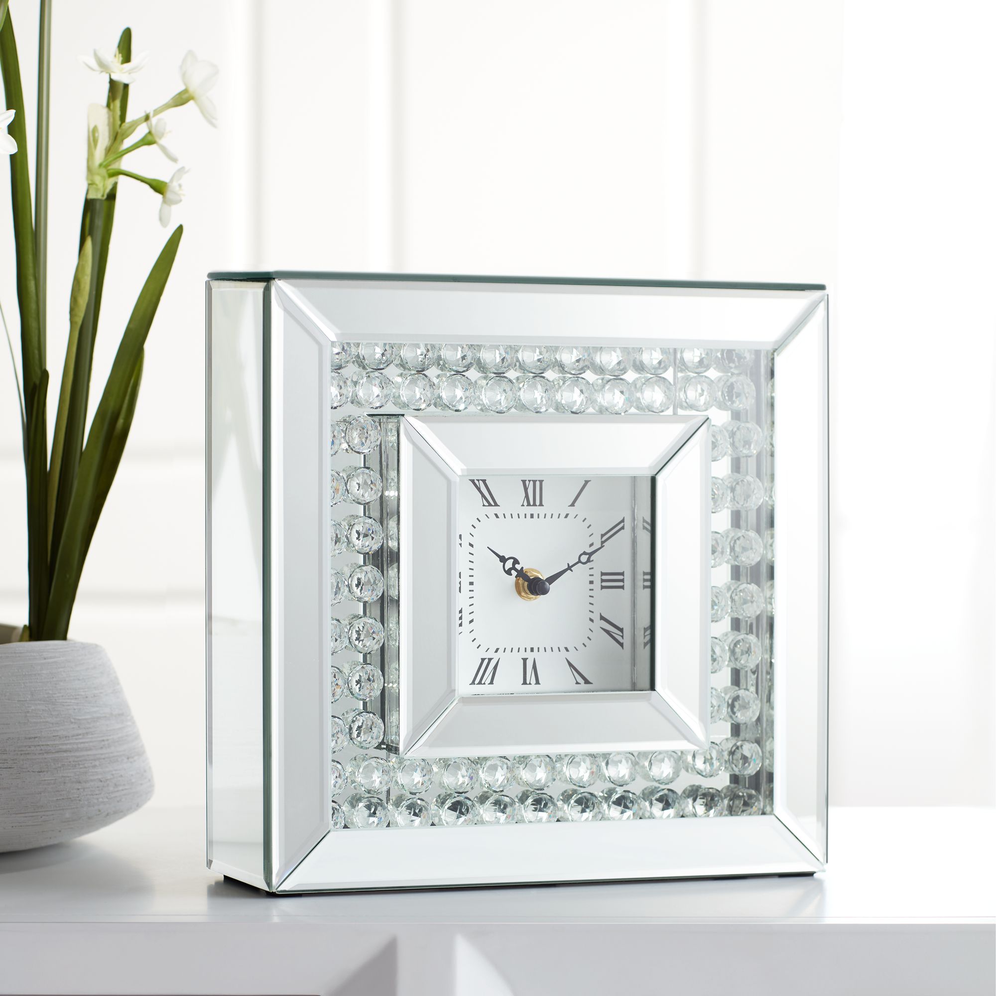 Eden 10" Square Glossy Silver and Crystal Table Clock