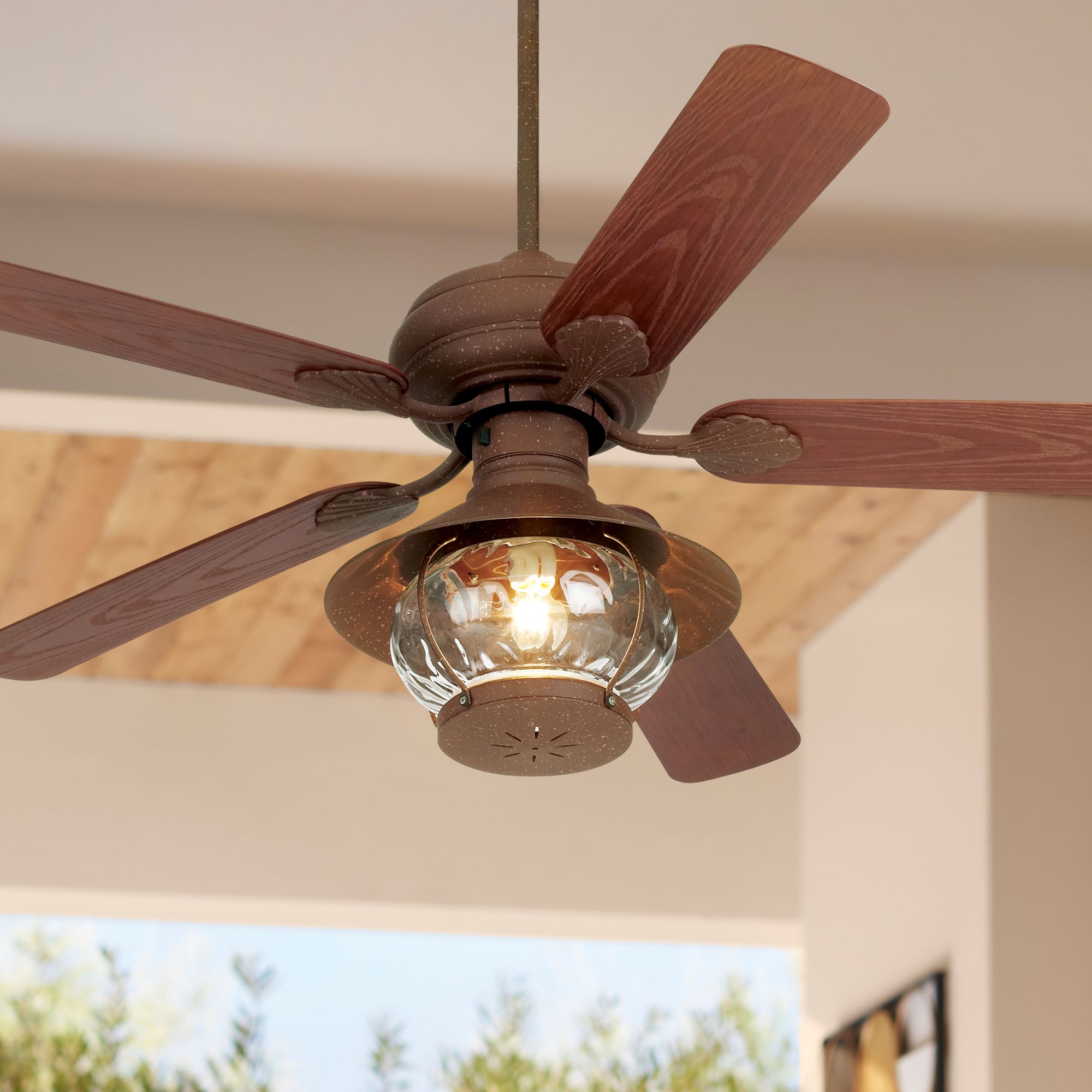 52" Casa Vieja Tropical Oak Lantern Outdoor LED Ceiling Fan