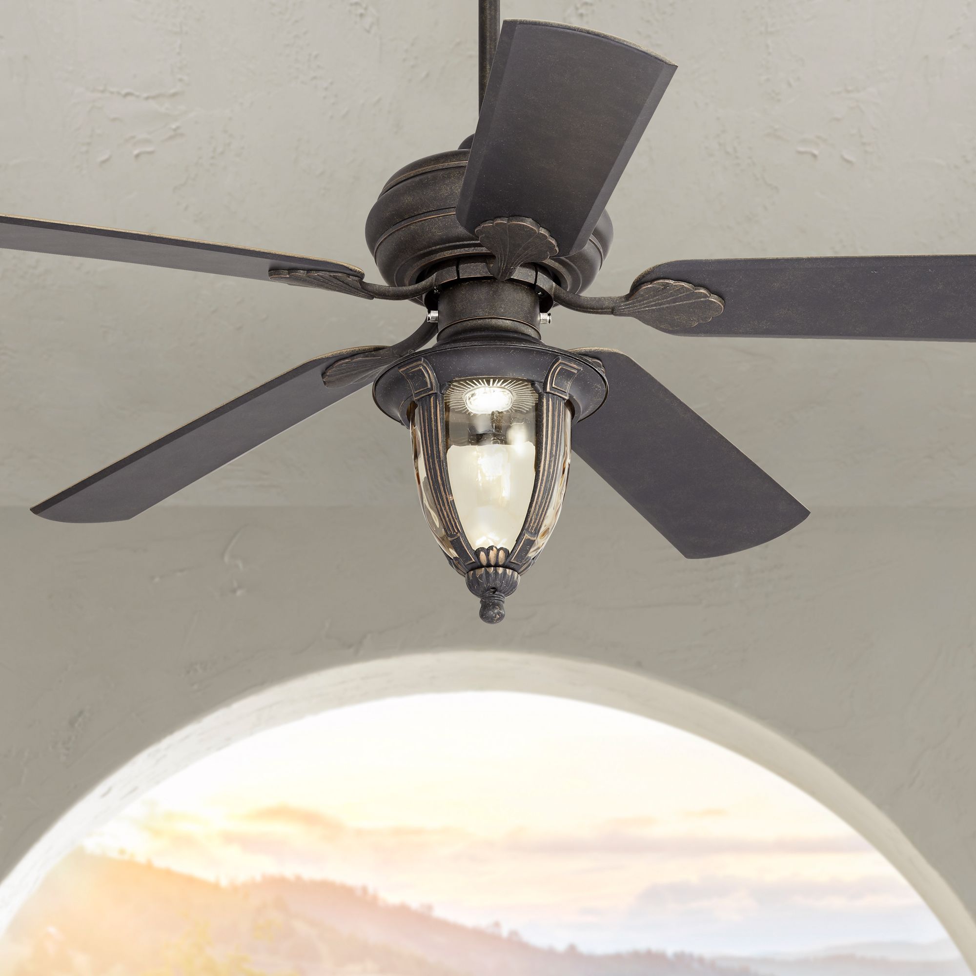 52" Casa Vieja Veranda Bronze Amber Glass LED Ceiling Fan
