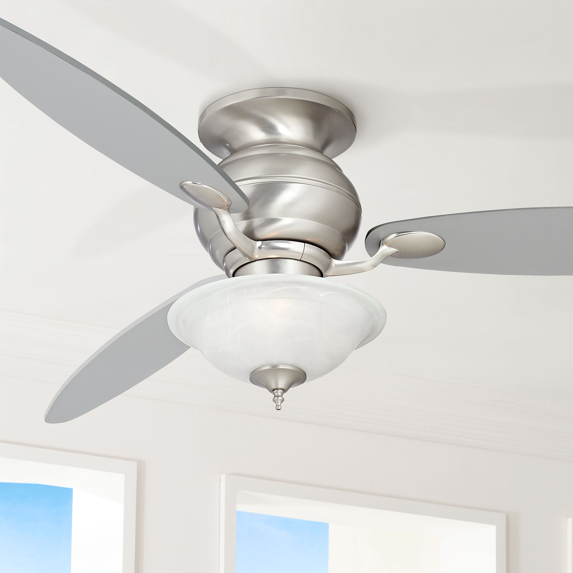 60" Spyder Nickel and Alabaster Glass LED Hugger Ceiling Fan