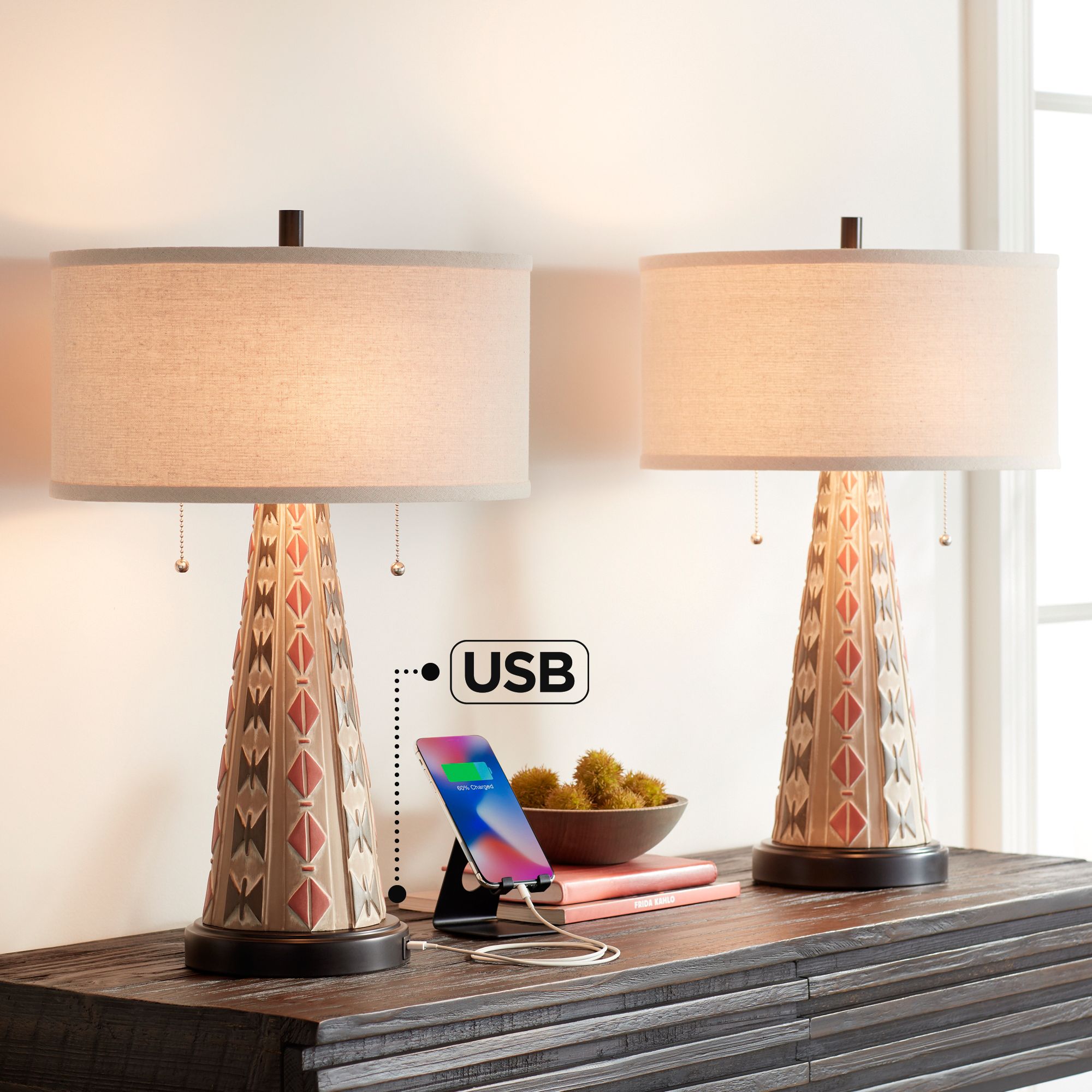 Ignacio Southwest Tapering Column USB Table Lamps Set of 2