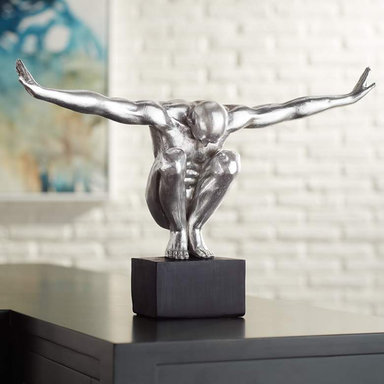 Male Gymnast Pose 19 1/2&quot; Wide Silver Sculpture