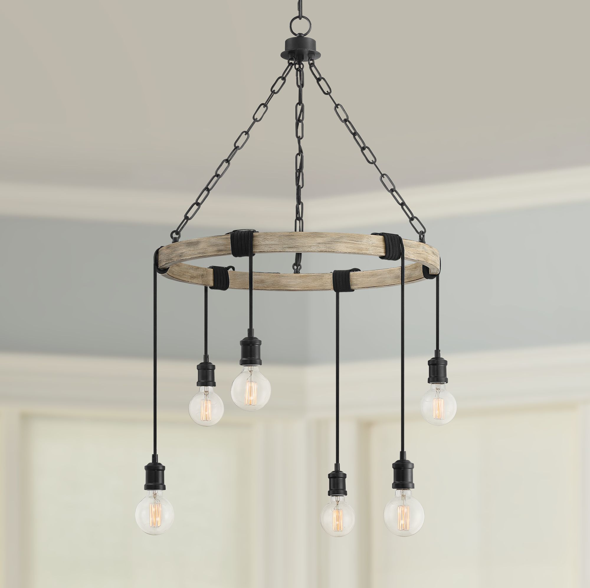 Hangford 24 1/2" Wide Black and Wood 6-Light Chandelier