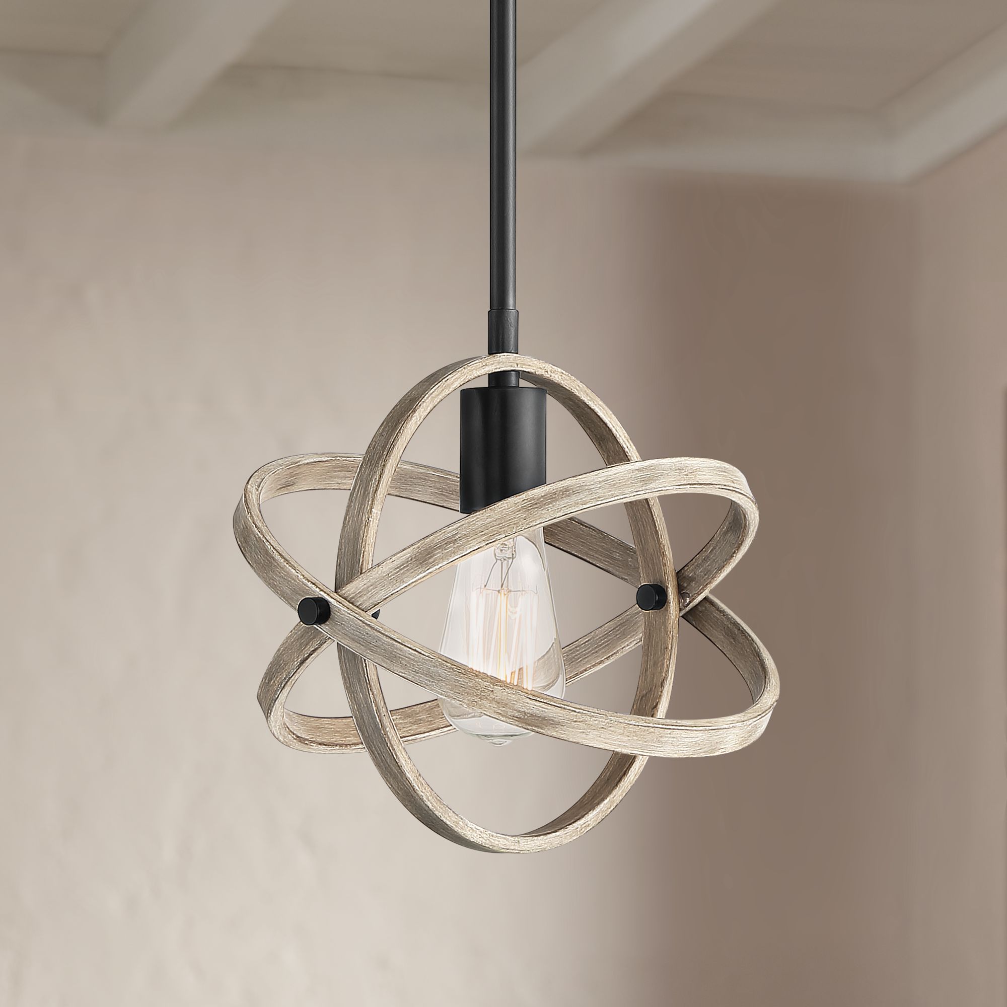 Possini Euro Atomica 10" Wide Black and Wood Pendant Light