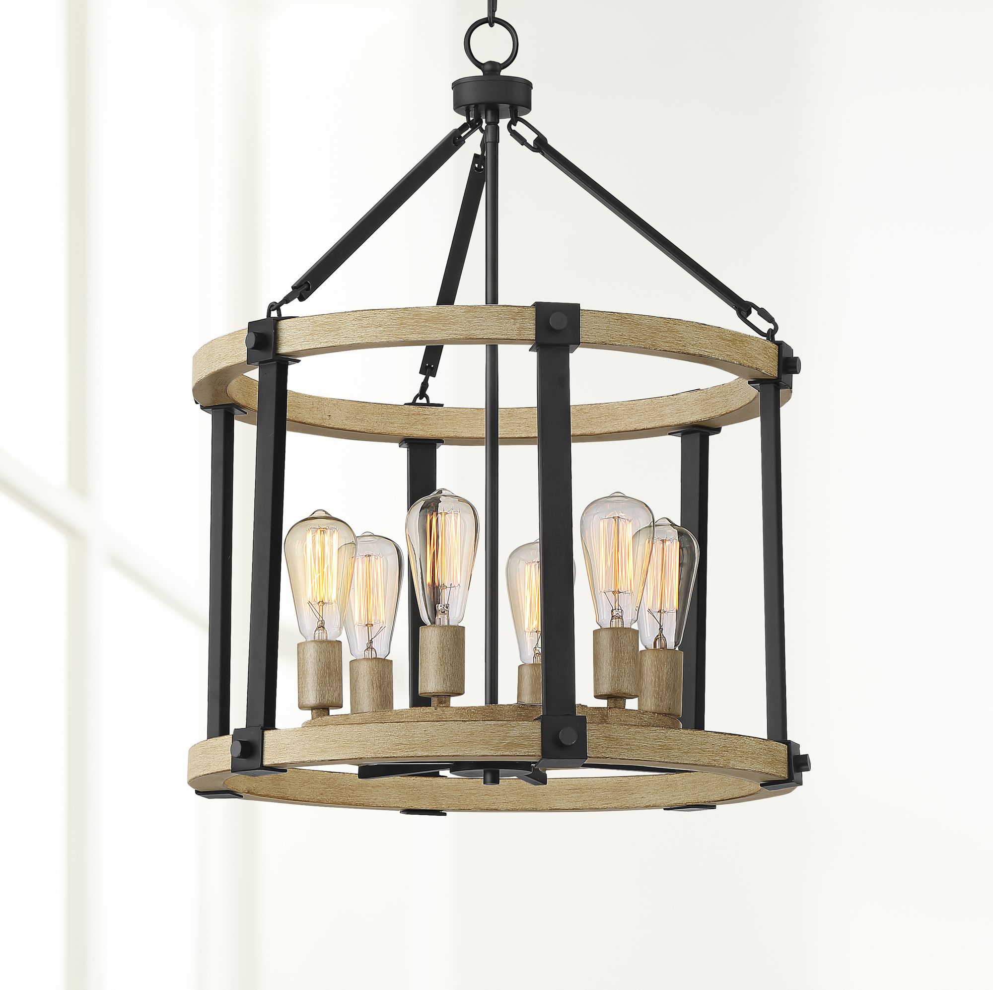 Rickland 22" Wide Black and Wood 6-Light Pendant Chandelier