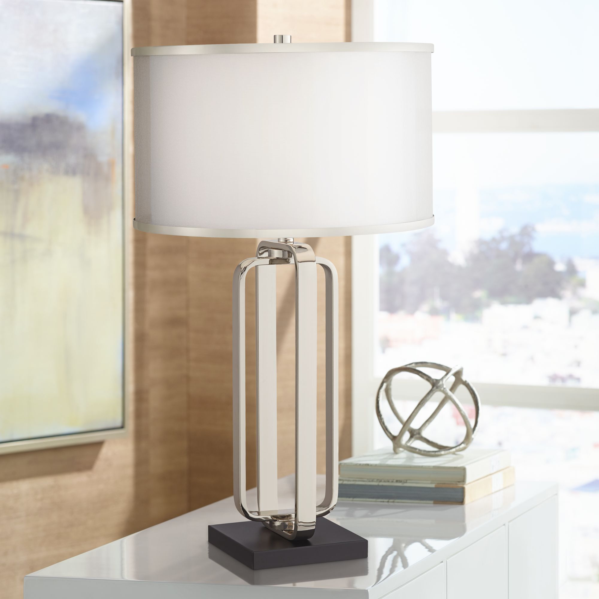 Possini Euro Carroll Chrome Double Drum Shade Table Lamp