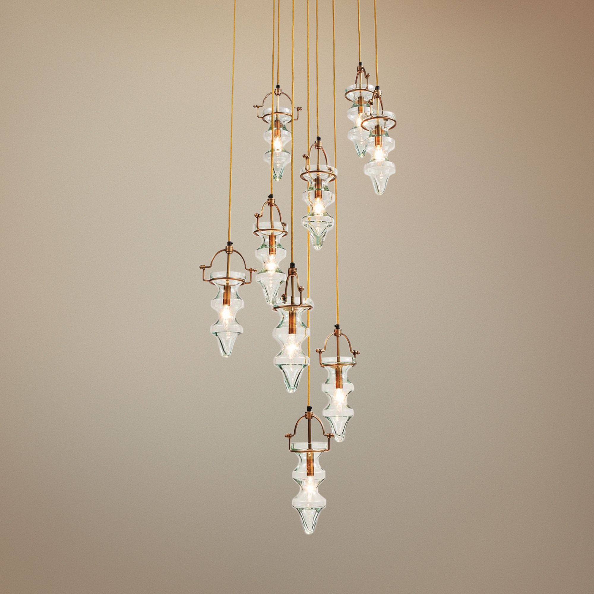 Tea Light 24"W Antique Brass and Aqua Multi Pendant