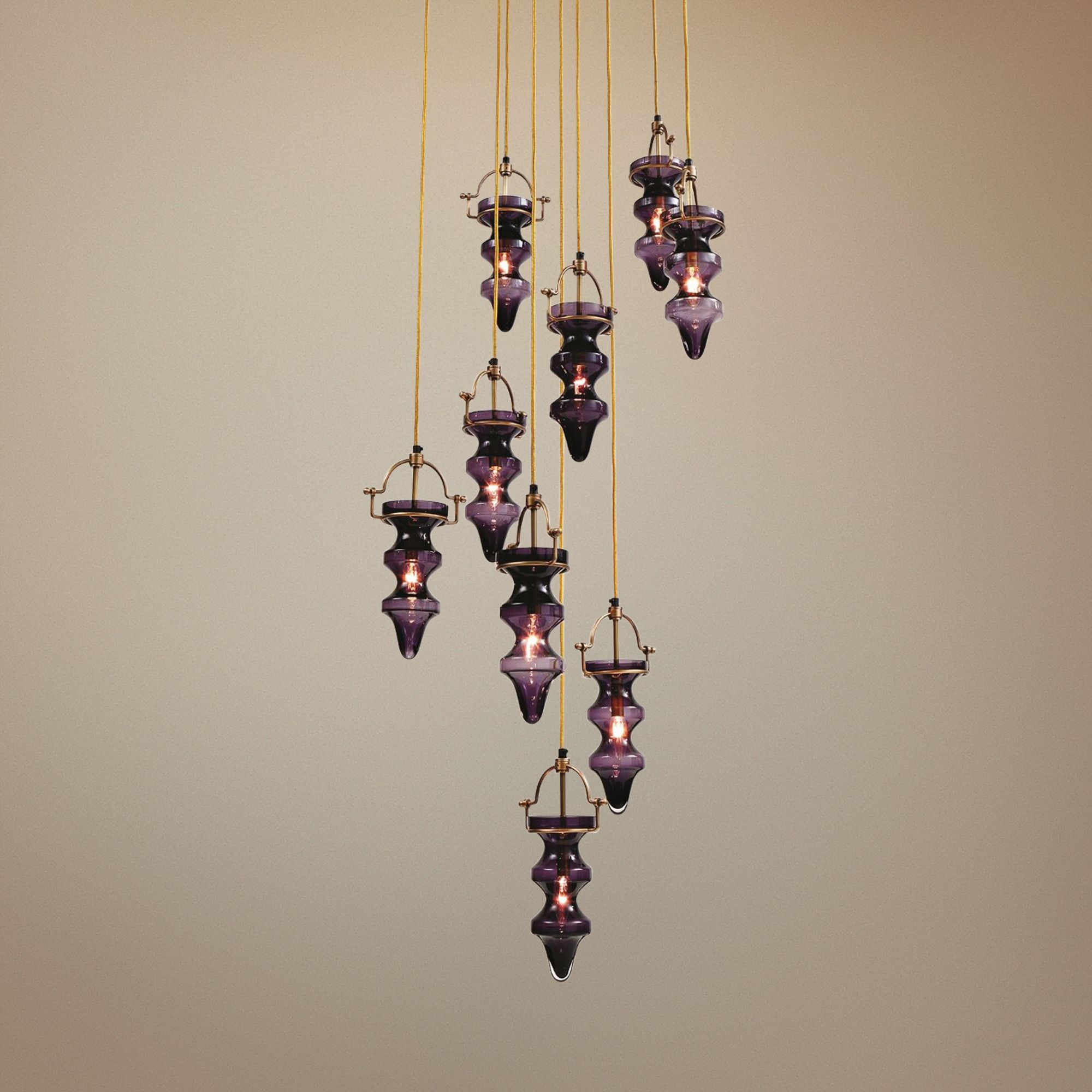 Tea Light 24"W Antique Brass and Purple Multi Pendant