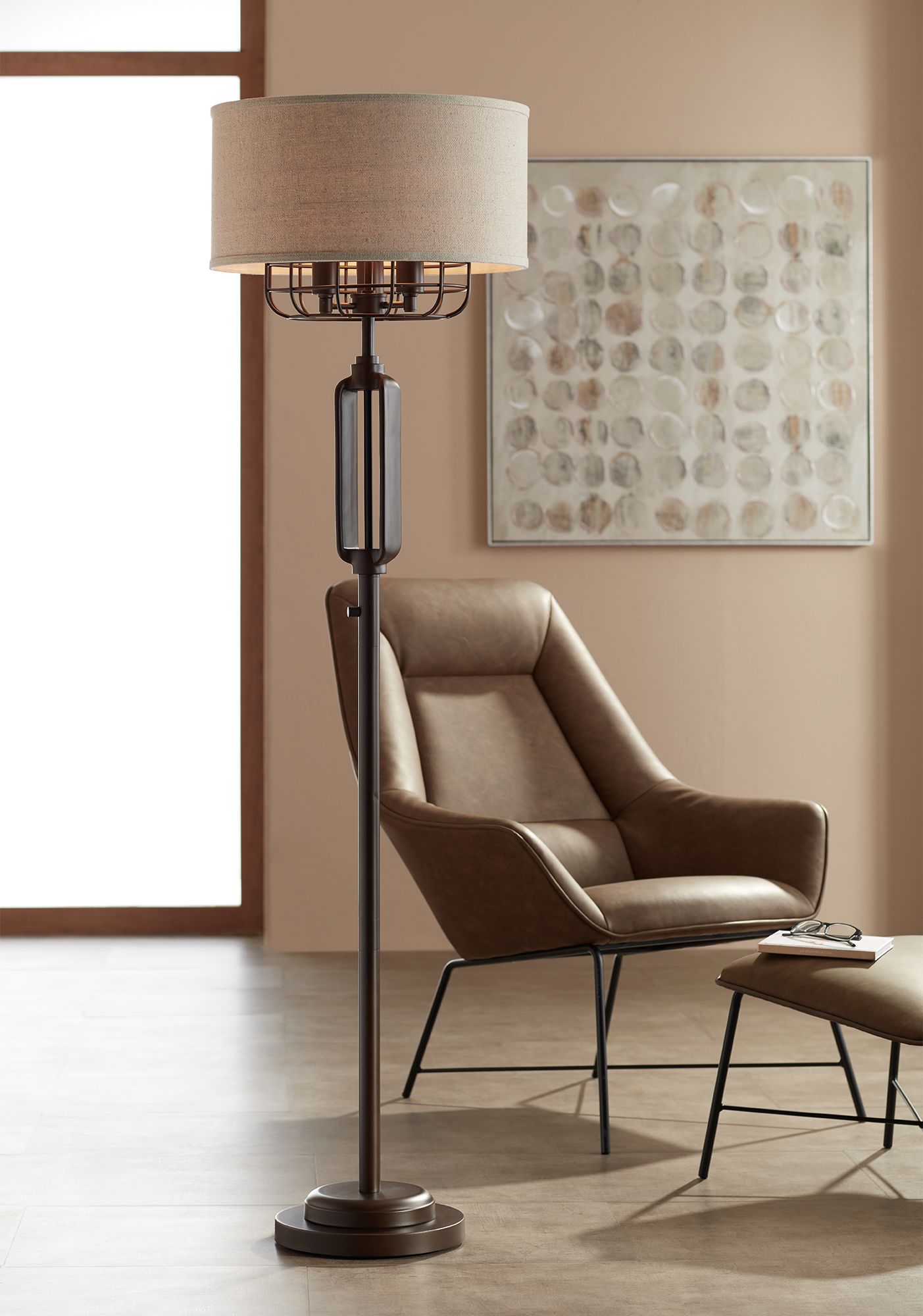 Tramont Industrial Cage Bronze Floor Lamp with Burlap Shade