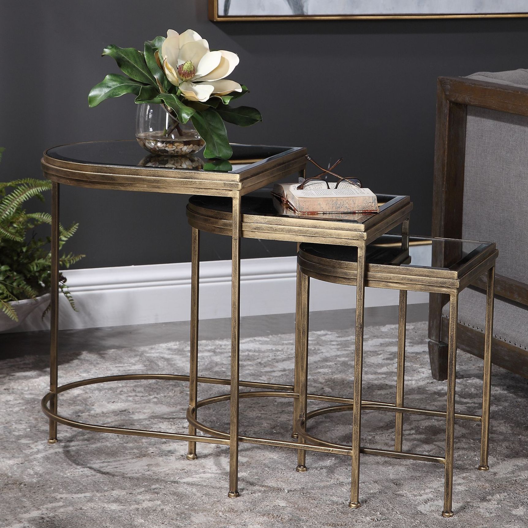 India 19" Wide Antique Brushed Gold Nesting Tables Set of 3