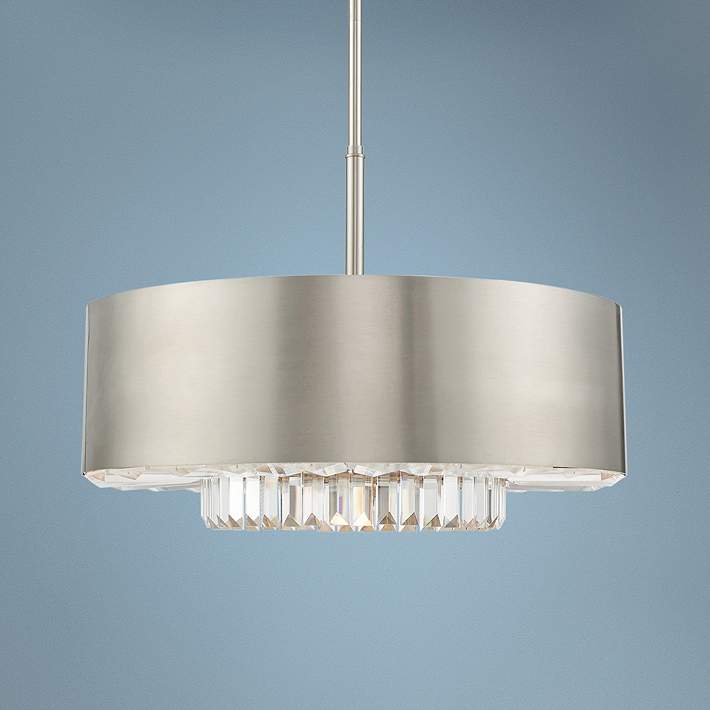 Brushed Nickel Drum Pendant Chandelier 16 Wide Modern Contemporary Teal Blue Faux Silk Shade 3-Light Fixture for Dining Room House Kitchen Bedroom Living Room High Ceilings Possini Euro Design