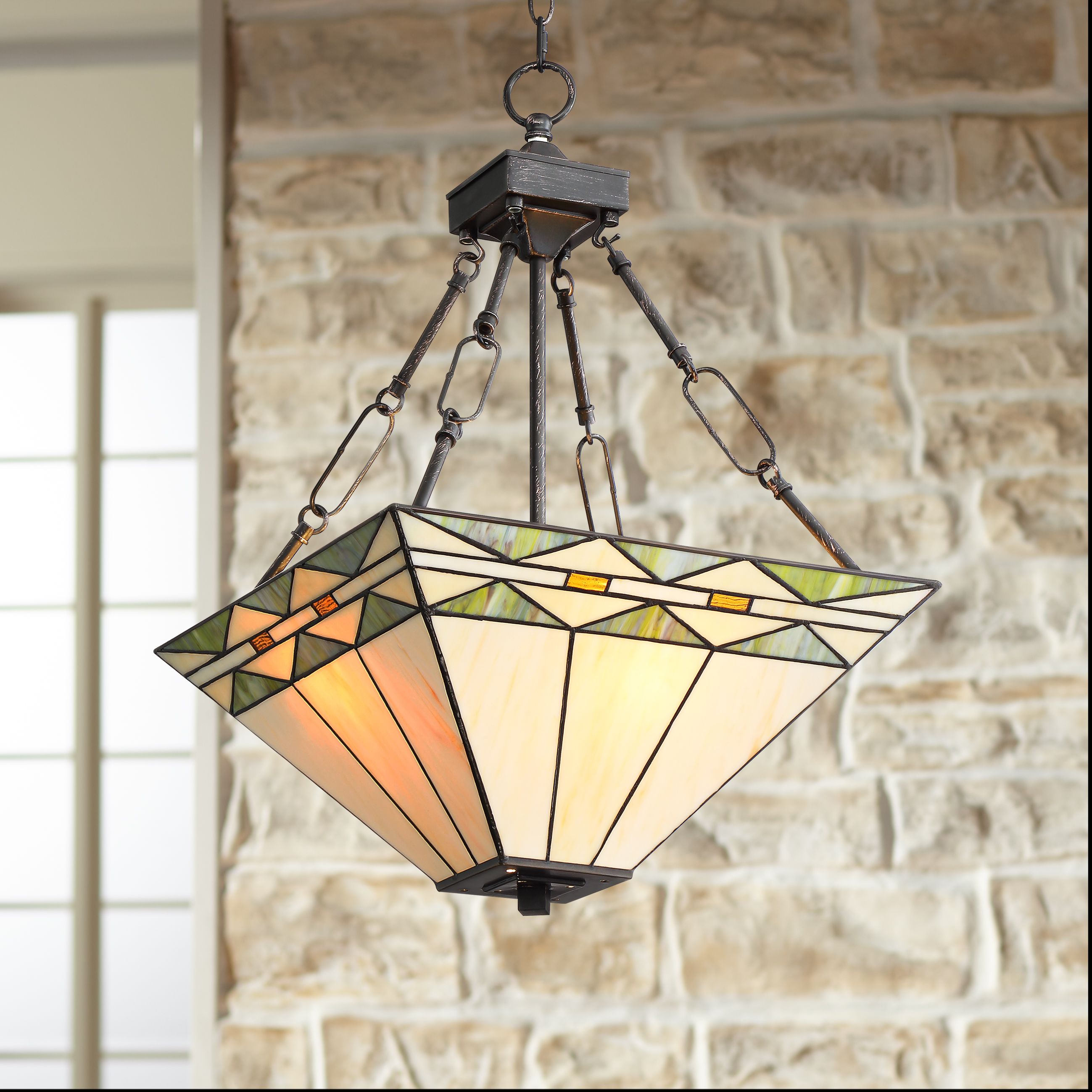 Mission Square 16" Wide Art Glass and Bronze Pendant Light