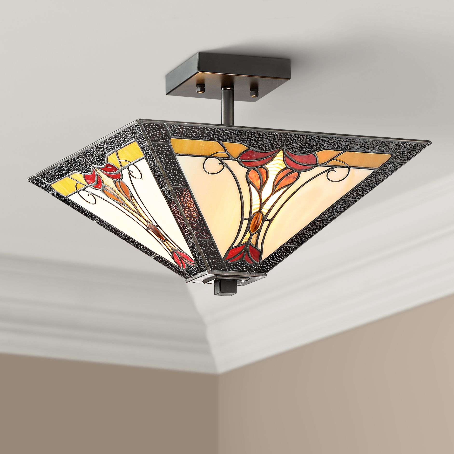 Budding Leaves 15" Wide Bronze Tiffany Style Ceiling Light