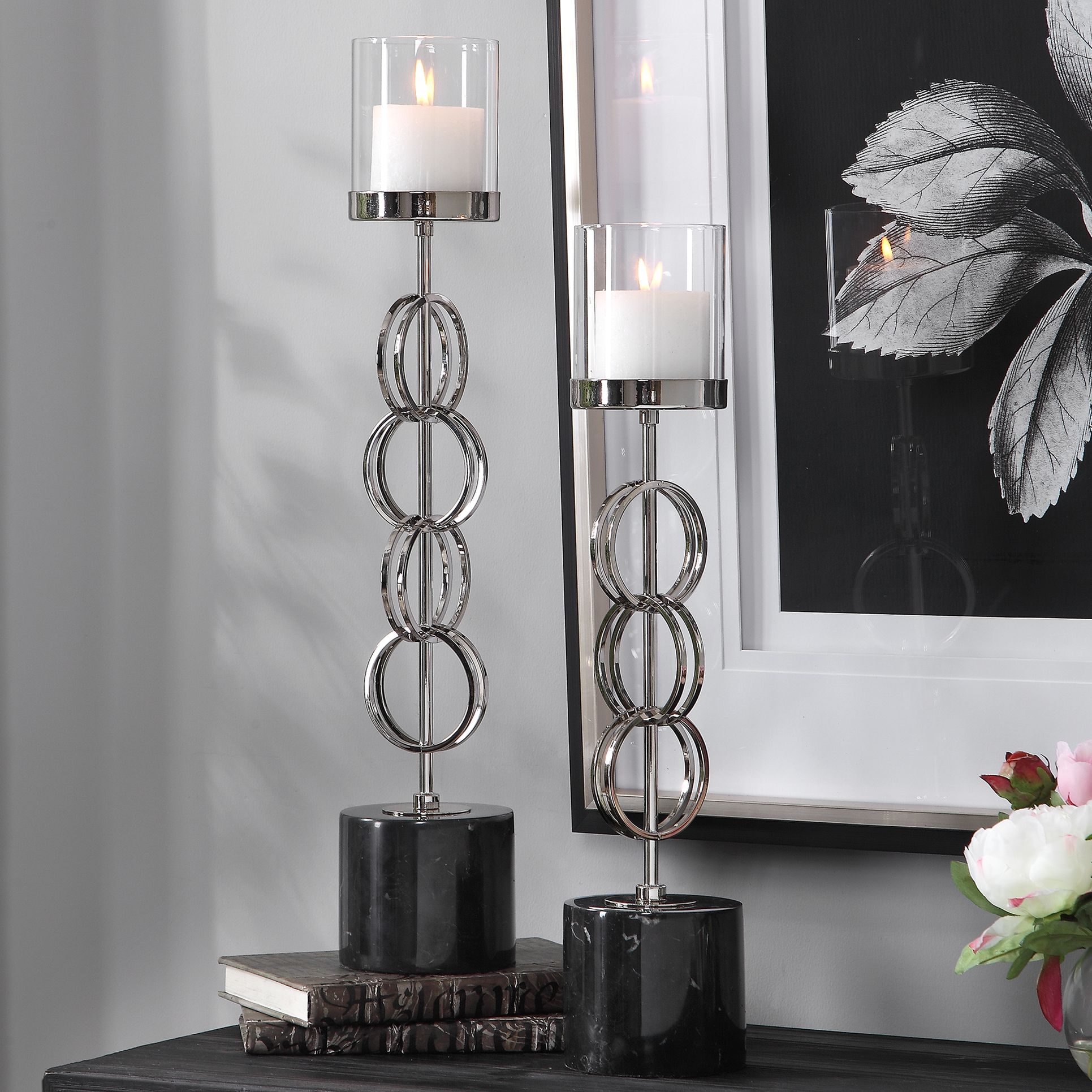 Esme Nickel Stacked Ring Pillar Candle Holders Set of 2 73R93