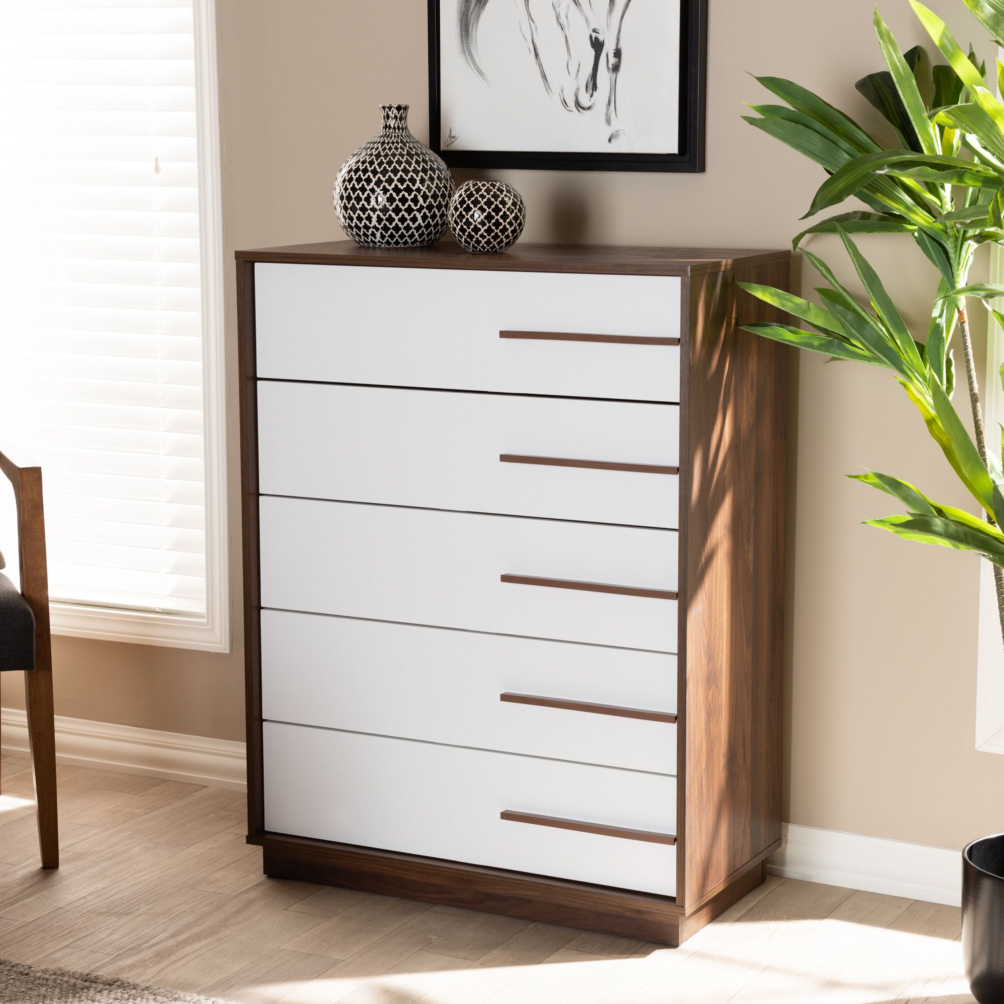 Baxton Studio Mette White and Walnut 5-Drawer Accent Chest