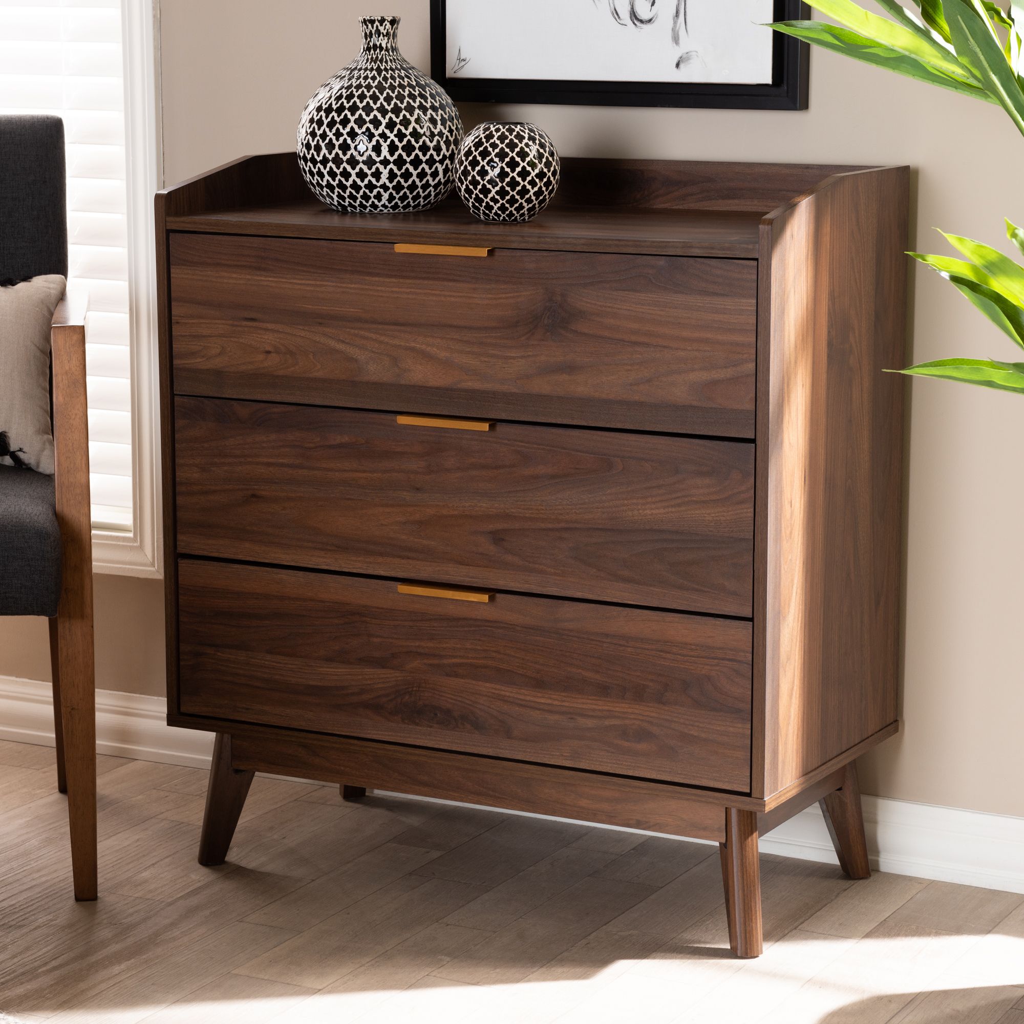 Baxton Studio Lena Walnut Brown 3-Drawer Wood Accent Chest