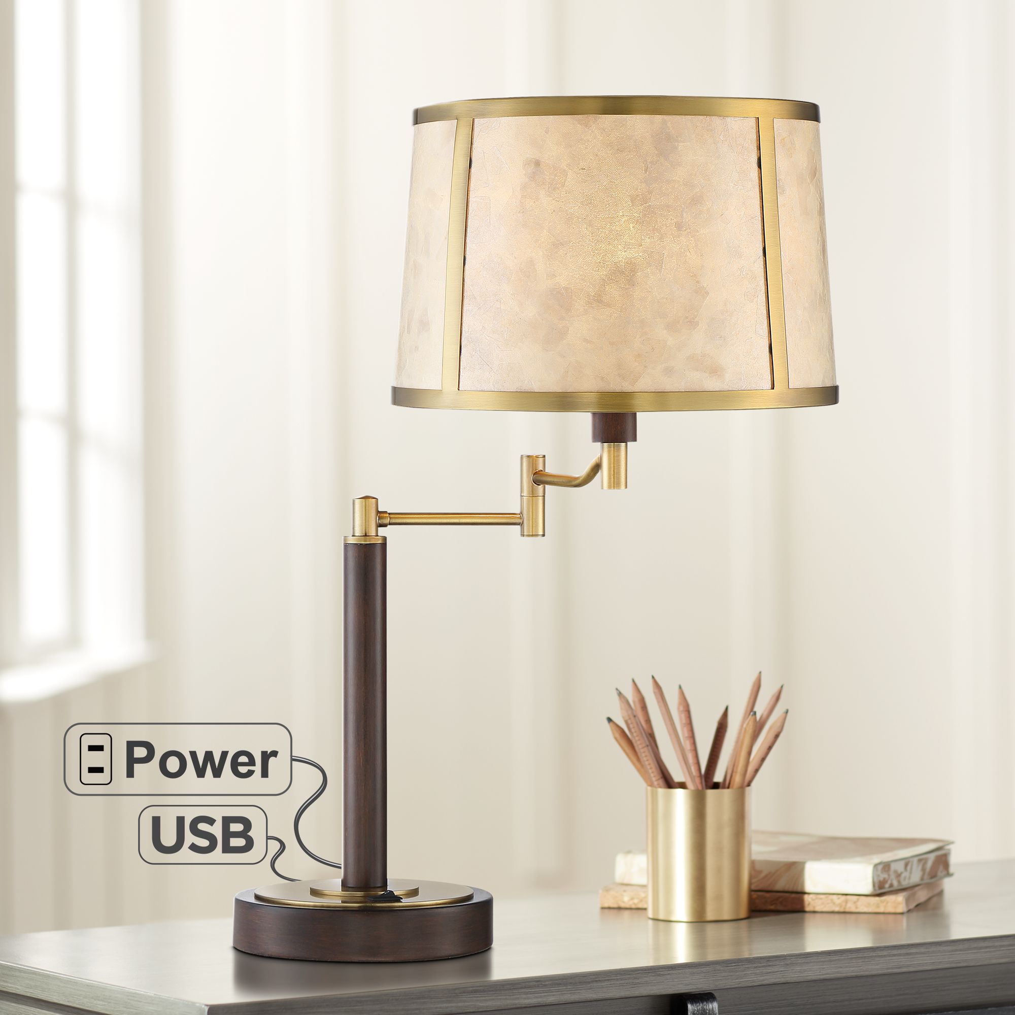 Sophie Swing Arm Table Lamp with USB Port and Power Outlet