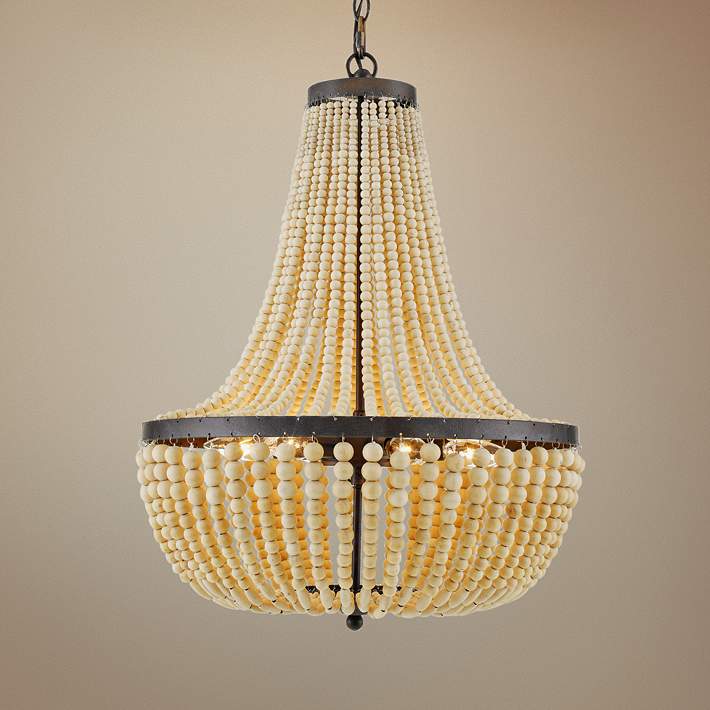 Wood Beads Chandelier, Gold Chandelier With Wooden Beads