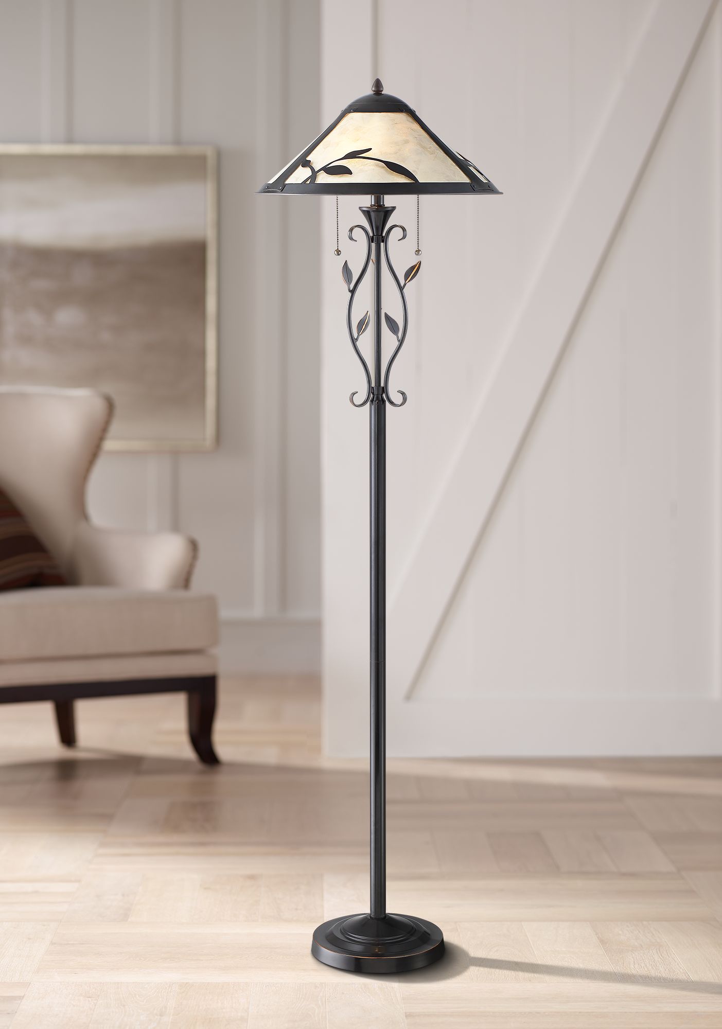 Feuille Leaf and Vine Mica Shade Pull Chain Floor Lamp