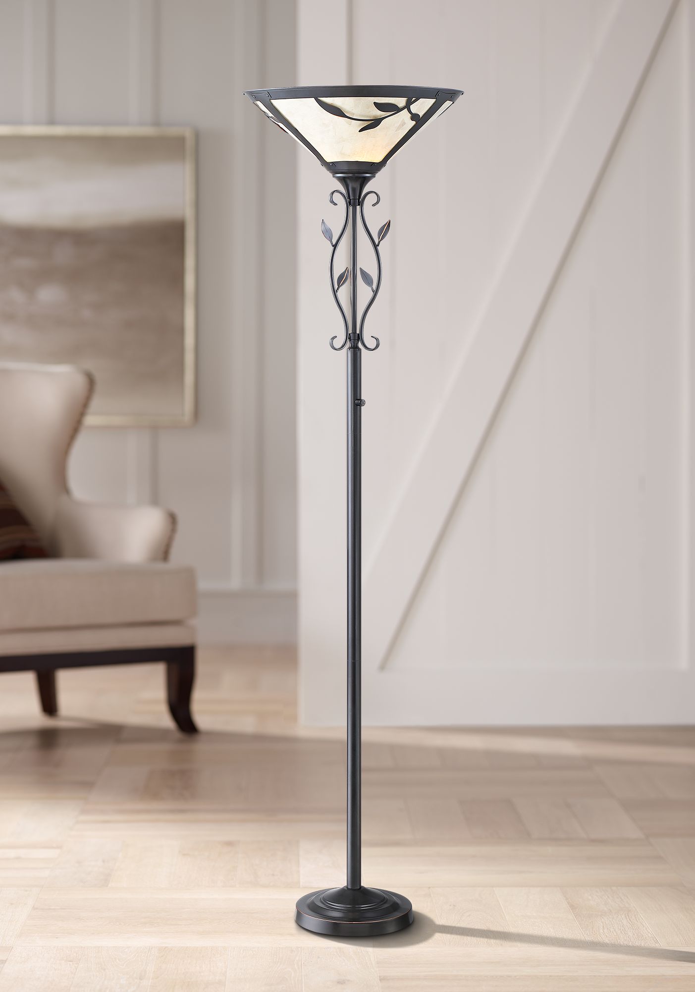 Feuille Leaf and Vine Mica Shade Torchiere Floor Lamp