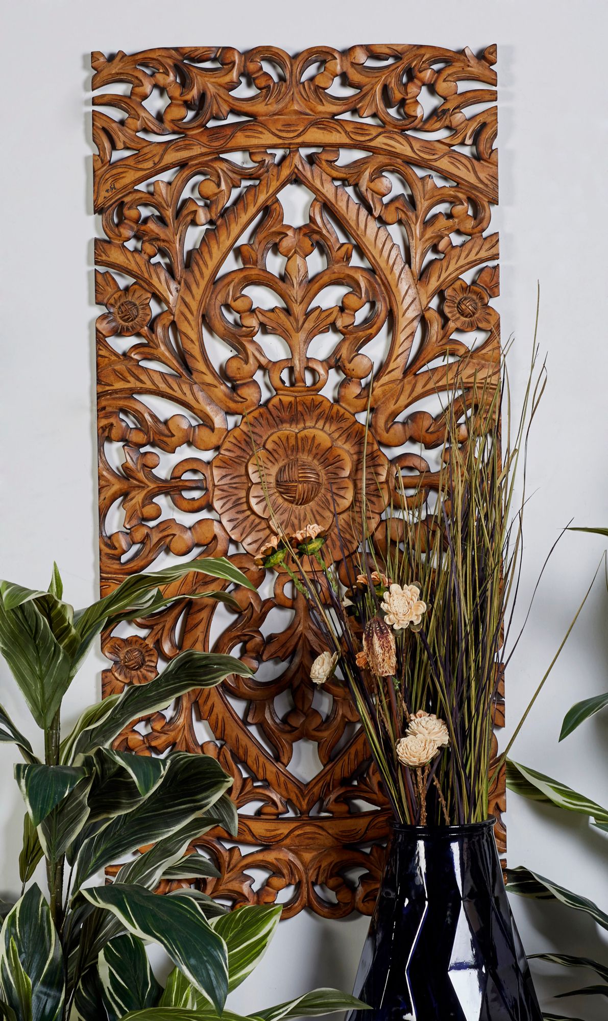 Hand-Carved Brown Wood 48" High 3-Piece Wall Plaque Set