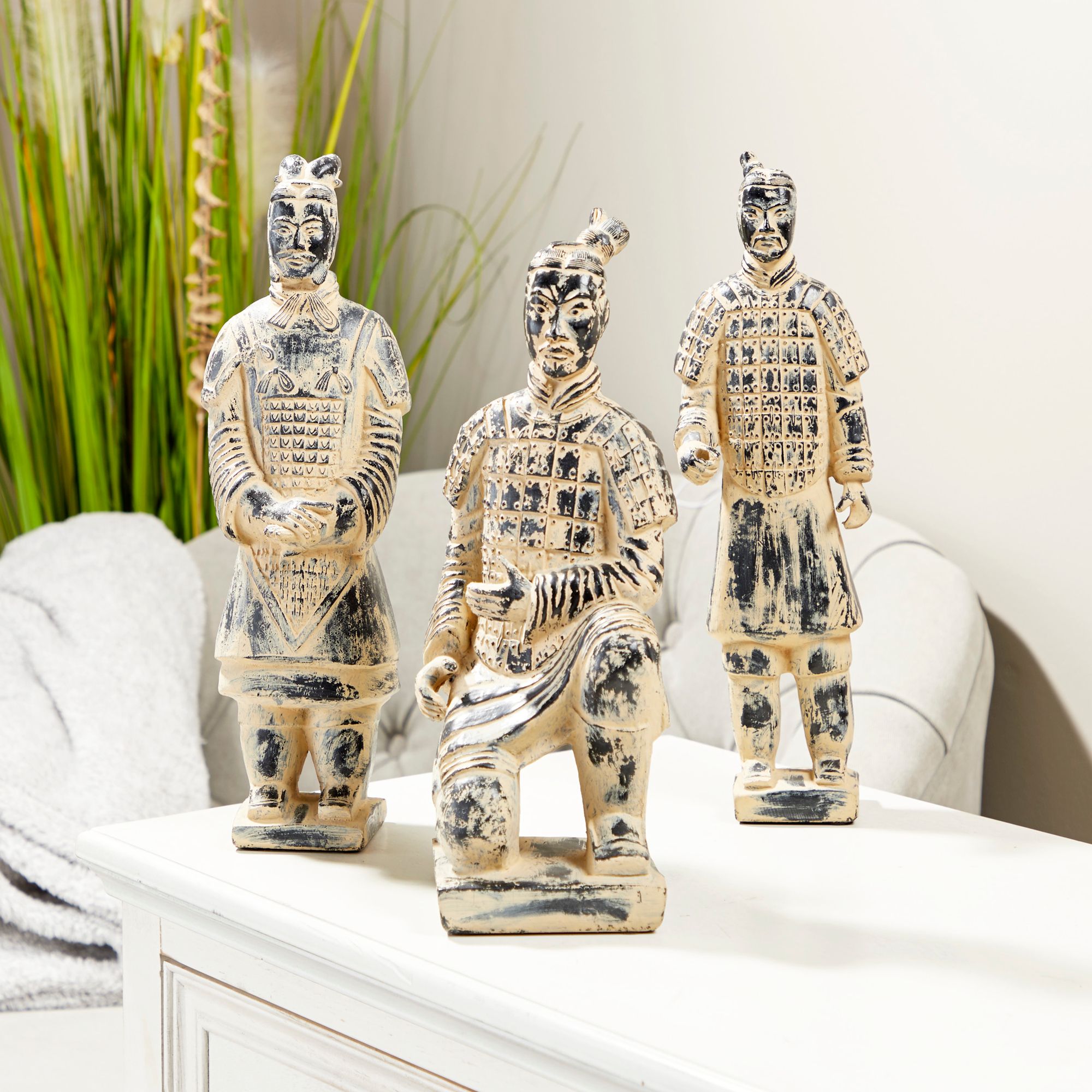 Black and Beige Antique Chinese Warrior Statues Set of 3