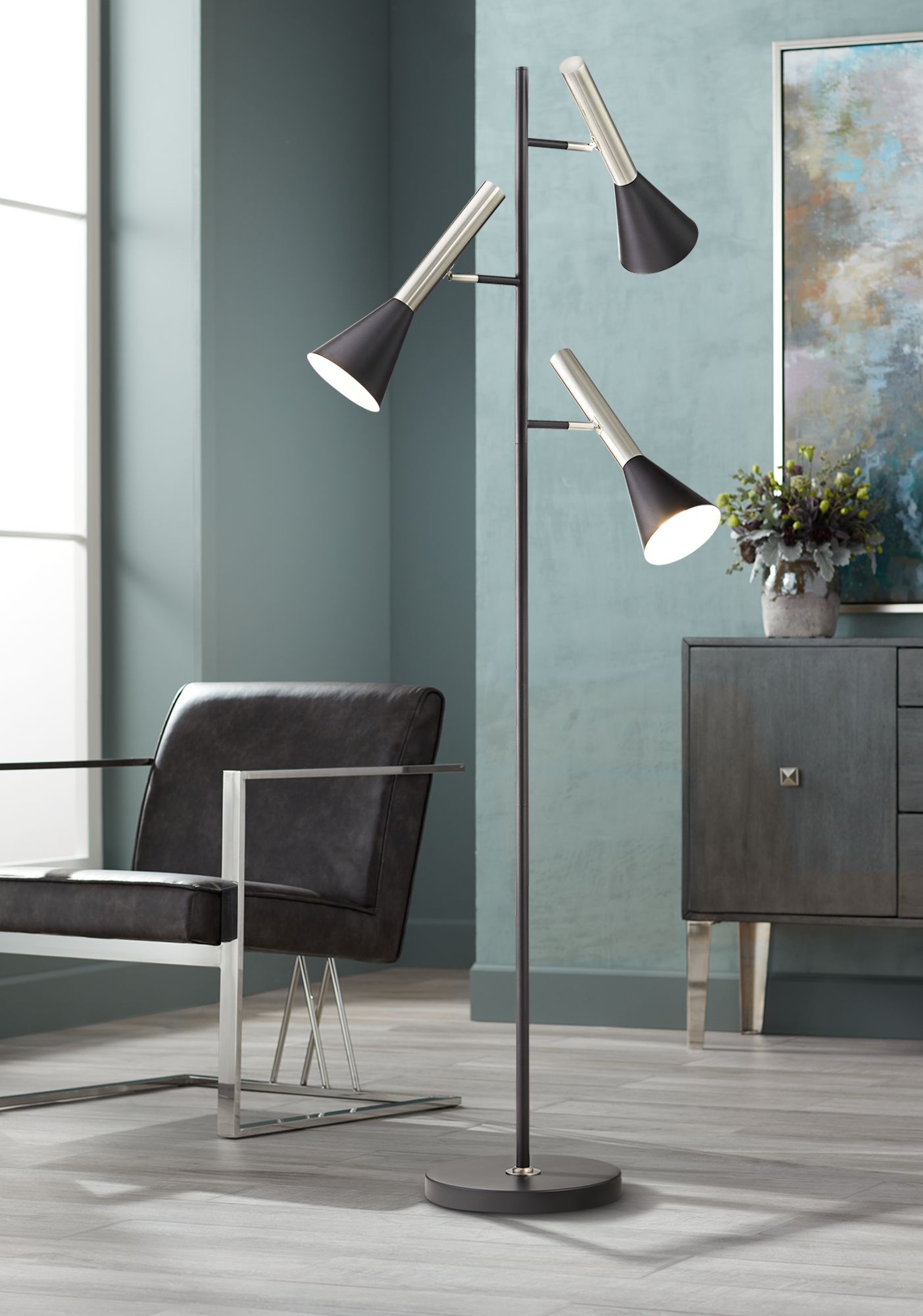 Kendall Black 3-Light Tree Floor Lamp with Adjustable Shades