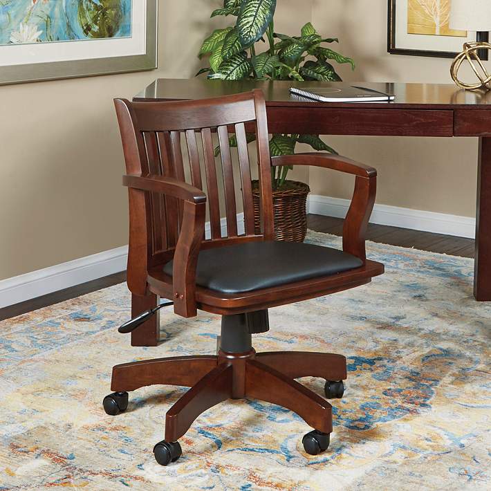 Deluxe Espresso Wood Adjustable Swivel, Wood Bankers Chair With Padded Seat