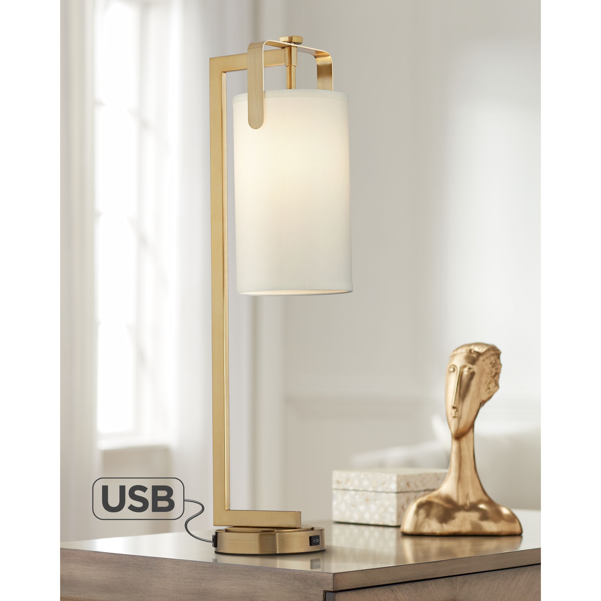 Kinzie Warm Gold Metal Downbridge Table Lamp with USB Port