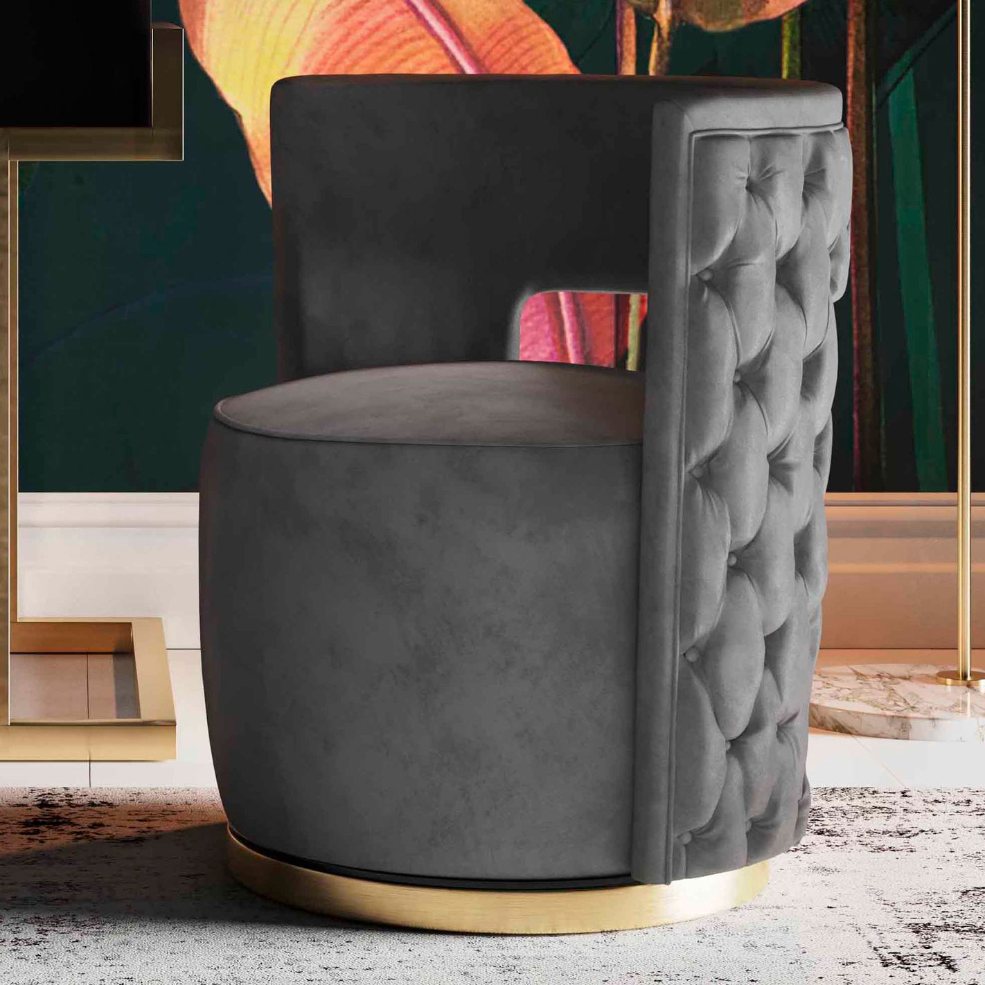 Mimosa Gray Velvet Tufted Swivel Barrel Chair