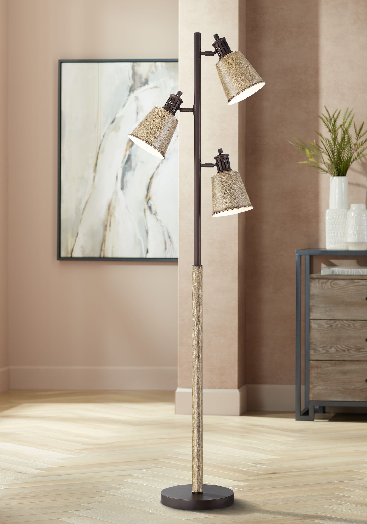 Oliver Bronze and Faux Wood Finish 3-Light Tree Floor Lamp