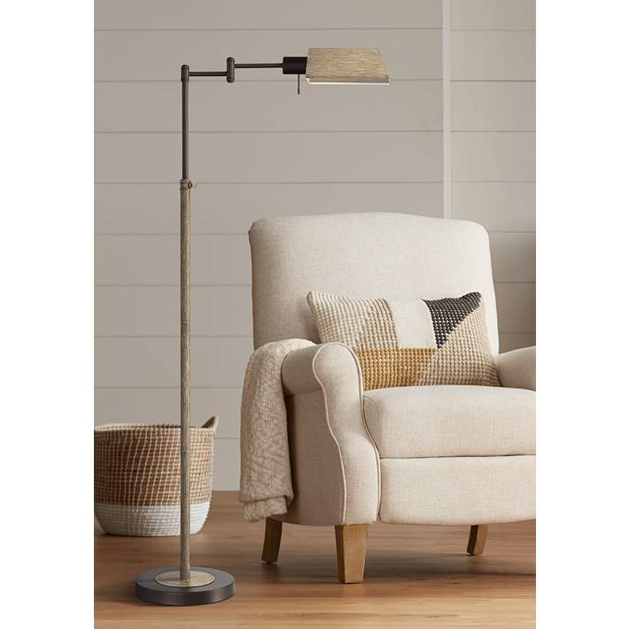 Jenson Bronze And Faux Wood Adjustable, Rustic Adjustable Height Floor Lamp With Shade